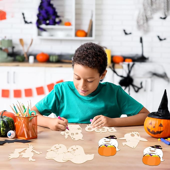 24 PCS Unfinished Wooden Halloween Crafts, Pumpkin Ghost Shaped Hanging