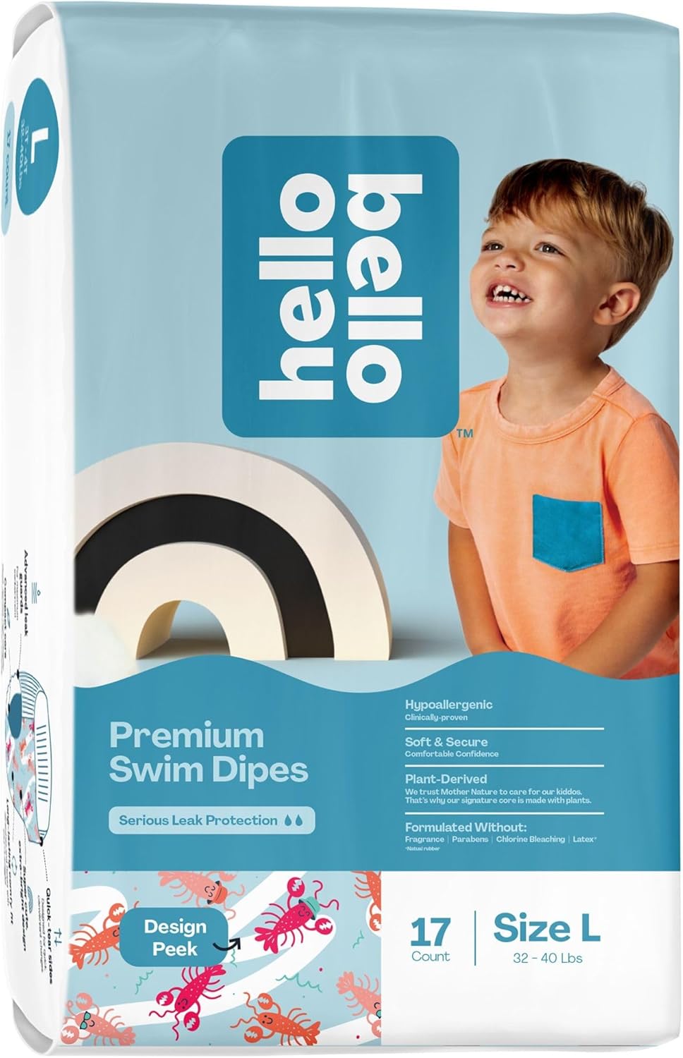 Hello Bello Premium Swim Diapers - Size L (32-40 lbs), Cute Extra-Bright Lobster Designs, 17 Count Jumbo Pack