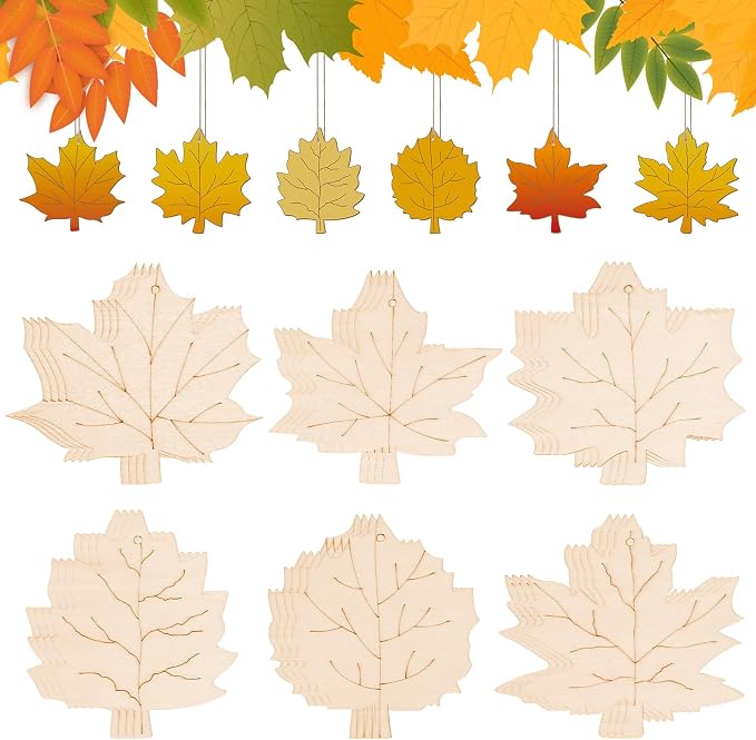24 PCS Unfinished Wooden Fall Crafts, Maple Leaves Shaped Hanging Ornaments DIY