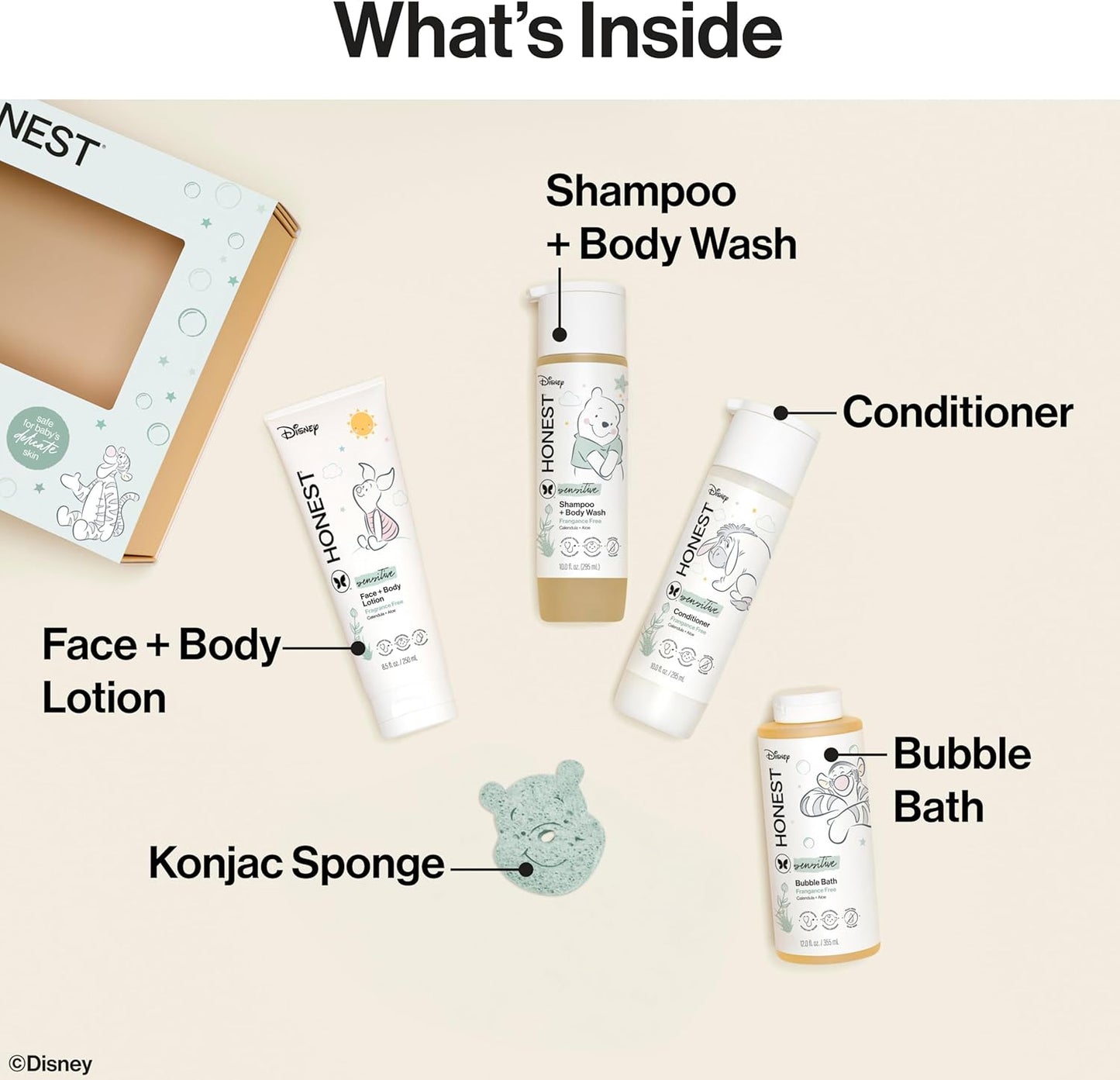 The Honest Company Fragrance Free Bathtime Gift Set + Disney Design | Hypoallergenic Bath Essentials for Sensitive Skin | Shampoo + Body Wash, Face + Body Lotion, Bubble Bath, Conditioner, Sponge