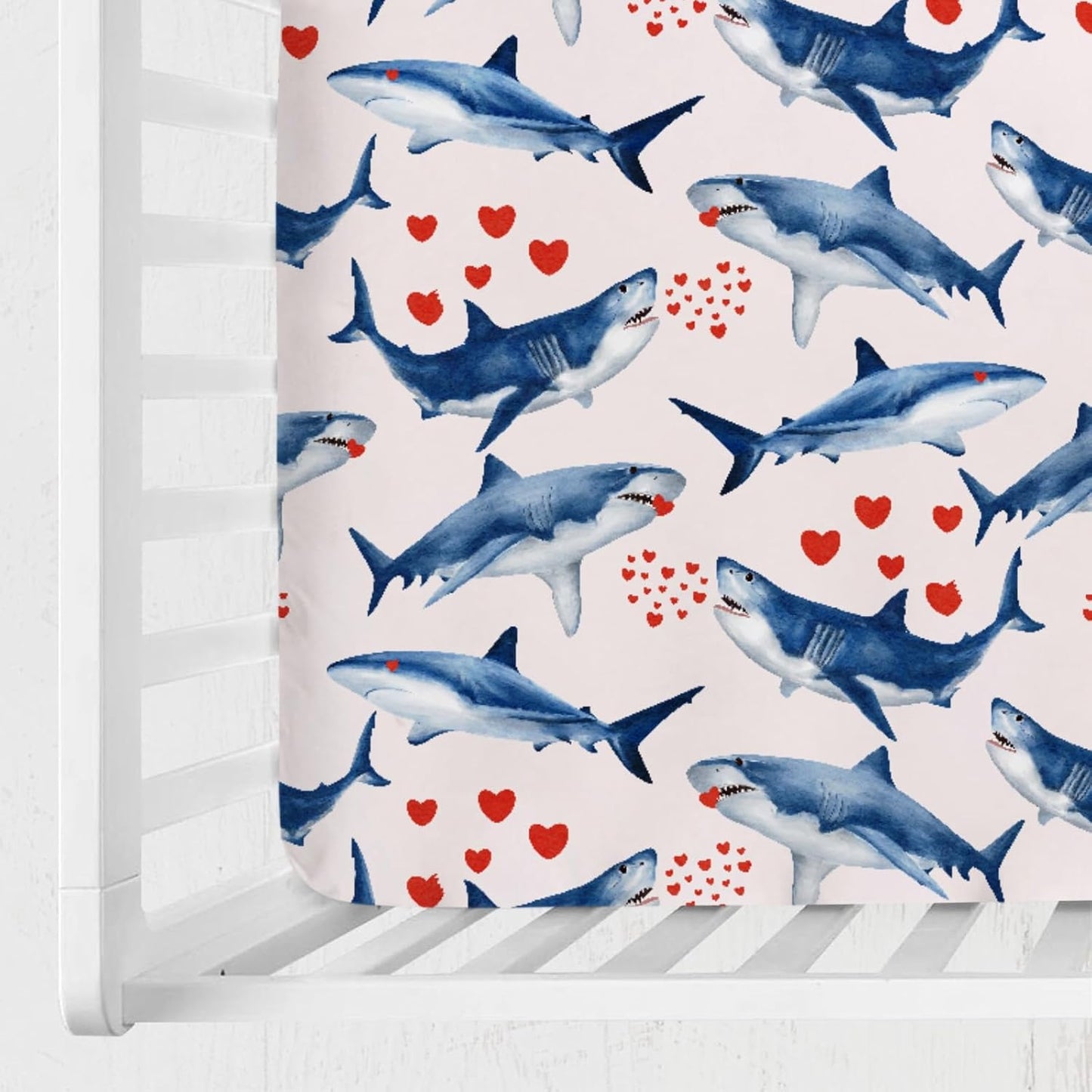 Sea Shark Love Baby Crib Sheets 52''x28'' Ocean Animals Hearts Fitted Crib Mattress Cover for Boy Girl Nursery Baby Bed Sheets for Standard Crib and Toddler Mattresses