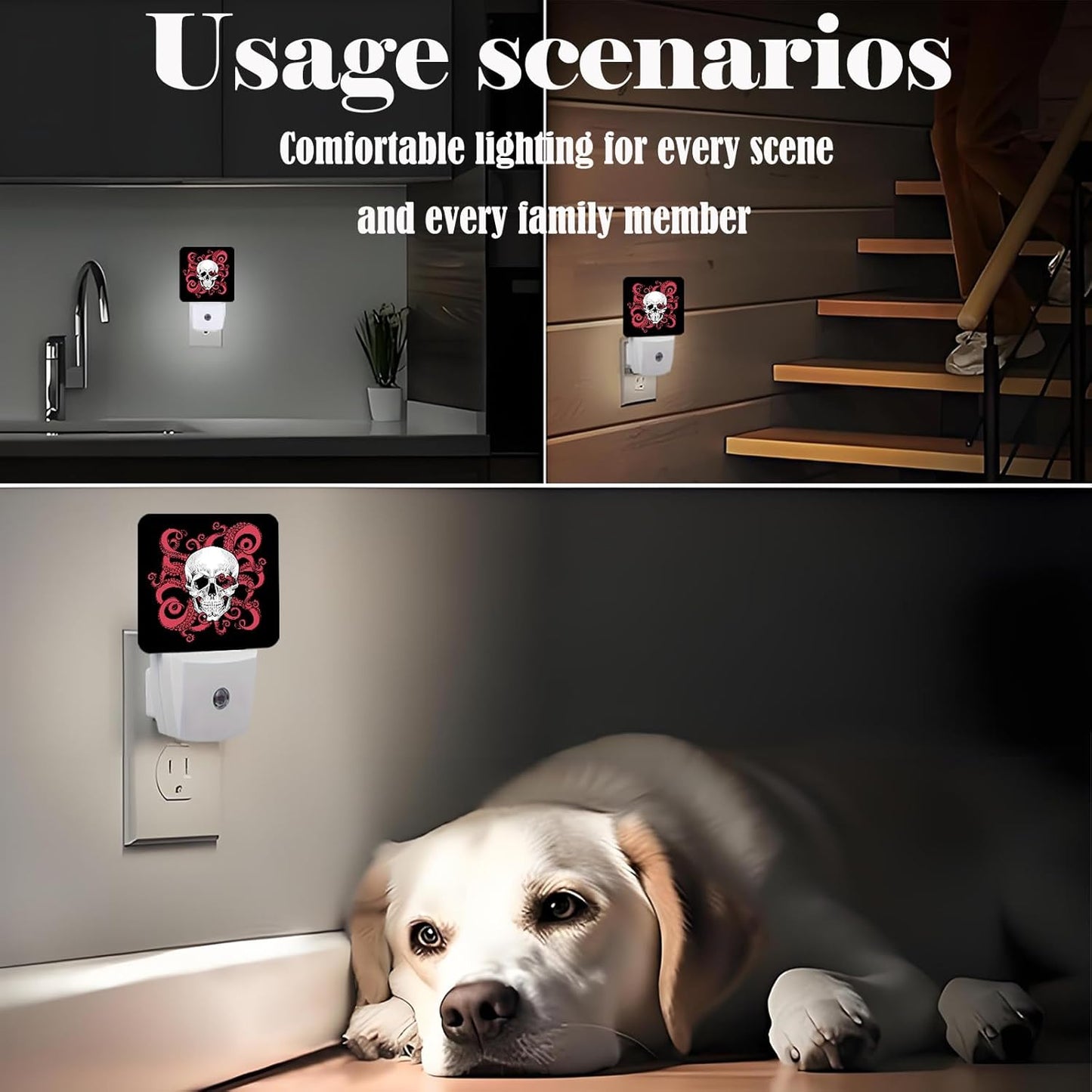 Human Skull and Octopus Tentacles Night Light,Plug Into Wall for Boys Girls Bedroom Decorative Square Night Light Lamp 0.5w Sleep Friendly