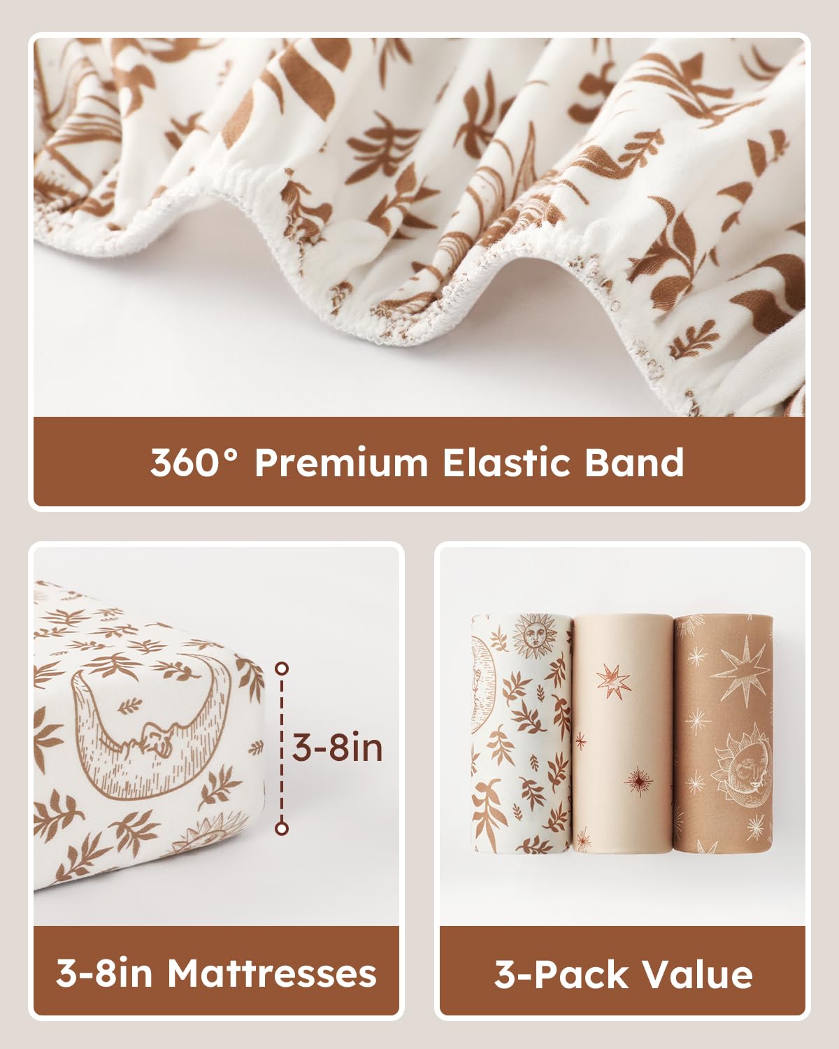 Baby Crib Sheets for Boys Girls, 28x52x8in Fitted Crib Sheet Neutral 3 Pack for Standard Crib and Toddler Mattress, Breathable Soft Microfiber Baby Sheet White Brown Sun God
