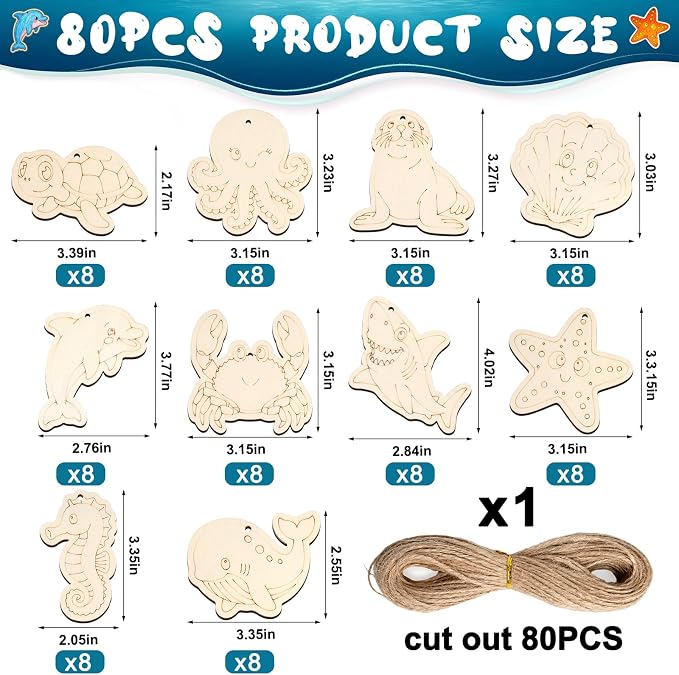 80PCS Unfinished Ornament Wood Crafts, Painting Blank Wooden Cutouts | DIY 10