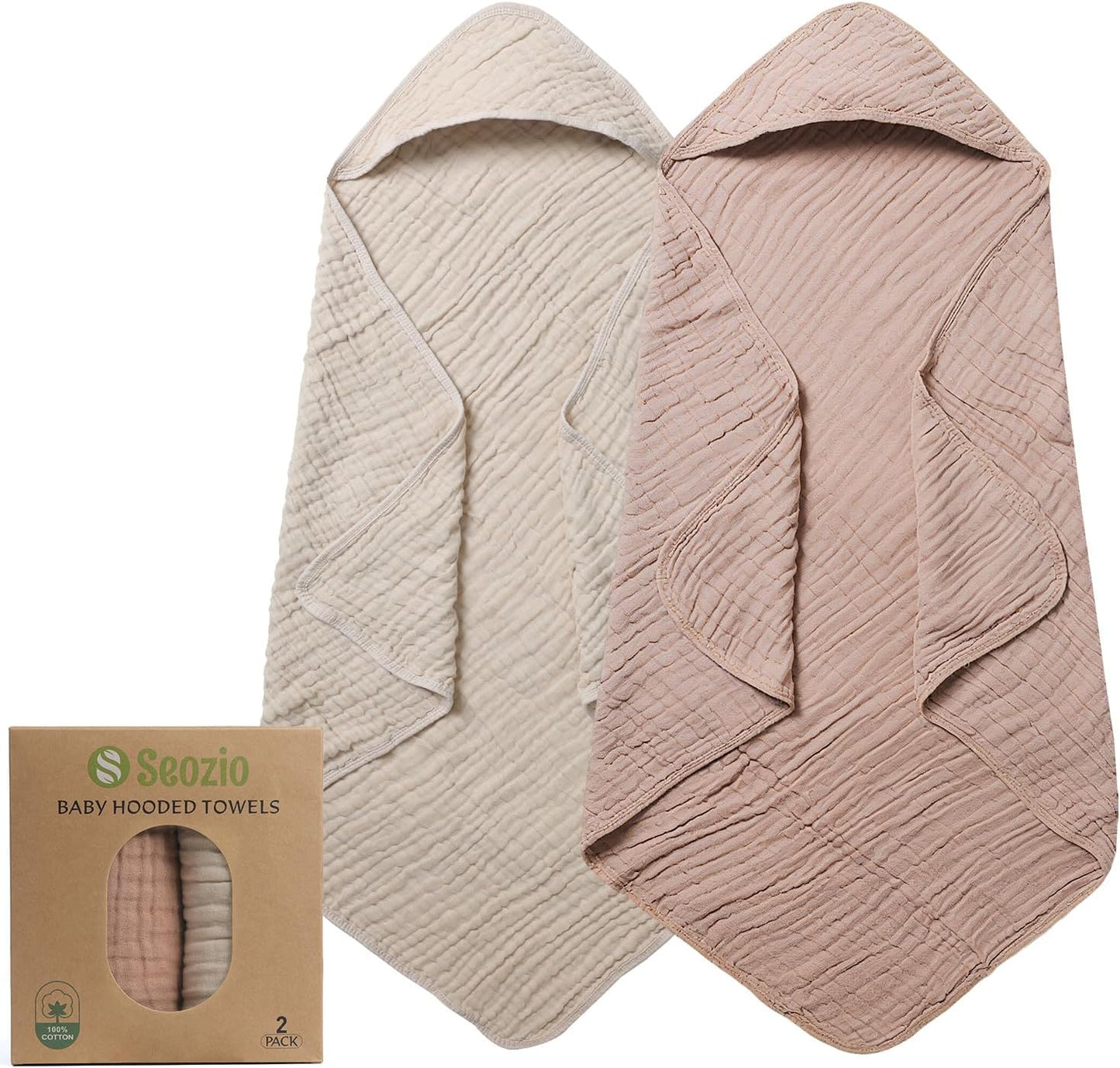 Muslin Hooded Baby Towels, 2 Pack 100% Cotton 32x32Inch Baby Bath Towel with Hood for Babies, Infant, Toddler, Soft and Absorbent Newborn Essential. (Light Bean Paste)
