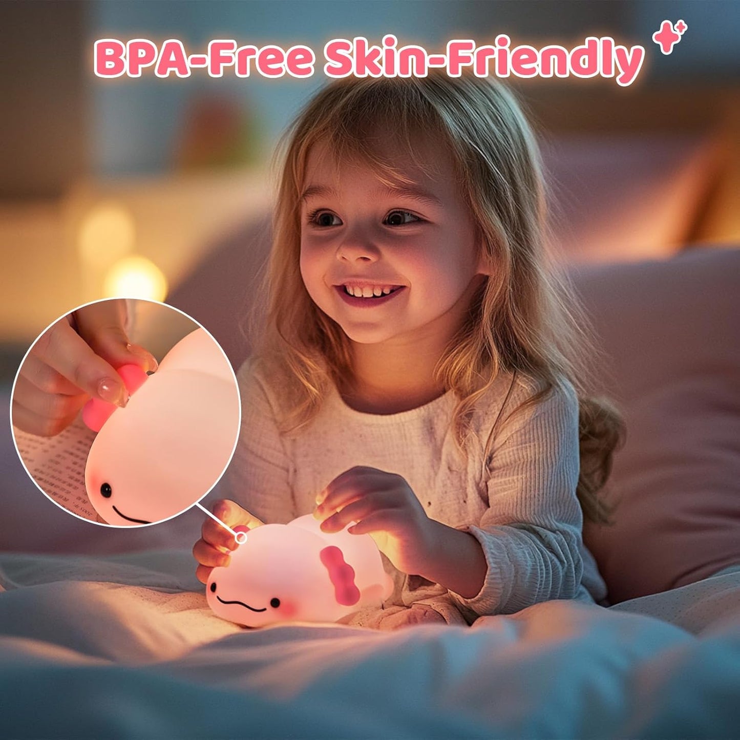 SMY Lighting Axolotl Night Light for Kids,Animal Silicone Nursery Night Lamp, Rechargeable Table Lighting Bedside Lamp,Cute Room Decor Light for Bedroom,Living Room,Dining,Desk Decorations,Gift
