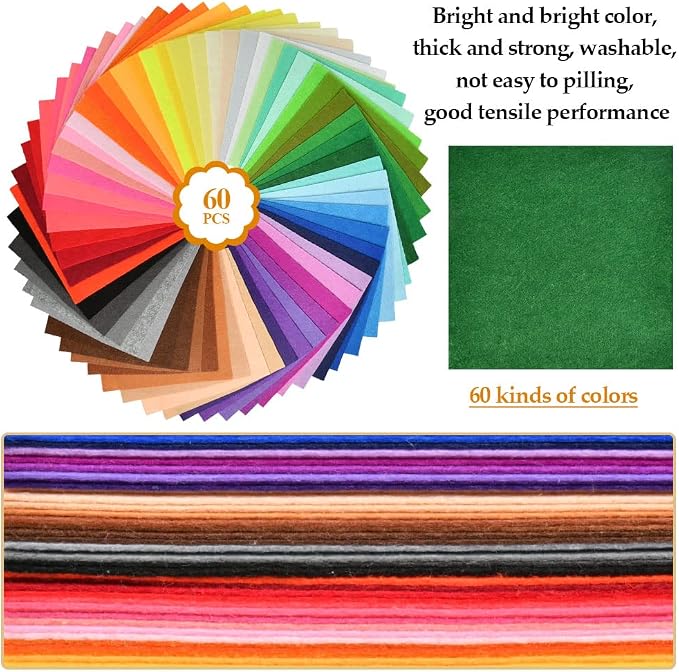 BUYGOO 60Pcs Stiff Felt Fabric Sheets, 12 x 12 inches Assorted Felt Sheets