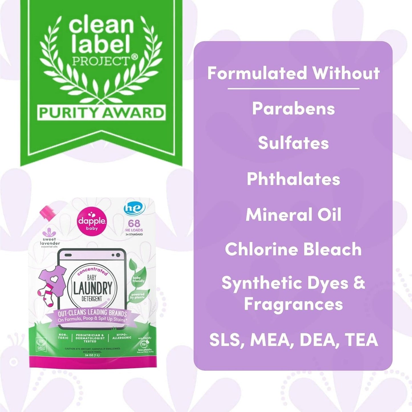 Dapple Baby Laundry Detergent, Powered by Plants, Concentrated, Hypoallergenic, Sweet Lavender, Eco-Friendly Pouch, Stain Remover, 34 Fl Oz (2 Pack)