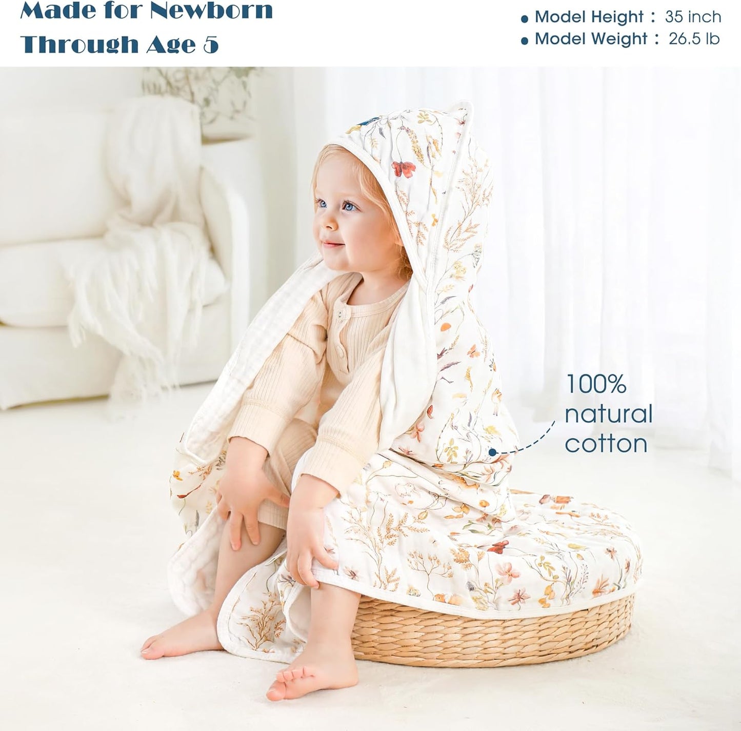 GRSSDER Ultra Soft Absorbent Muslin Cotton Baby Hooded Towel 2 Pack with Original Patterns, Extra Large Size 35"x 35" Swaddle Wrap for Newborn Infant and Toddler