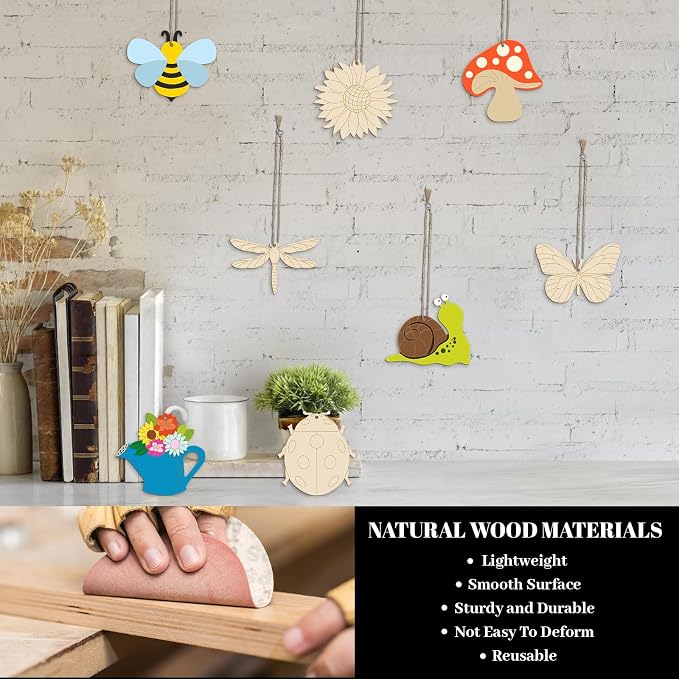 Subacy 80 PCS Unfinished Wood Cutouts 8 Styles DIY Wooden Spring Ornaments