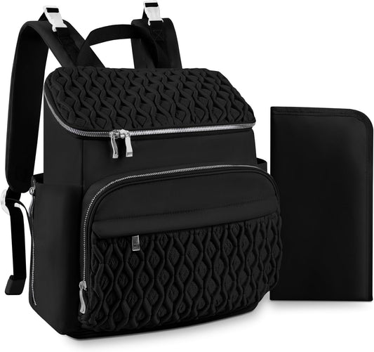 Baby Diaper Bag Backpack, Expandable Baby Bag for Girl Boy, Travel Diaper Backpack with Insulated Pocket, Changing Pad, Quilted Diaper Bag for Mom Dad, Newborn Baby Essentials Must Have Black