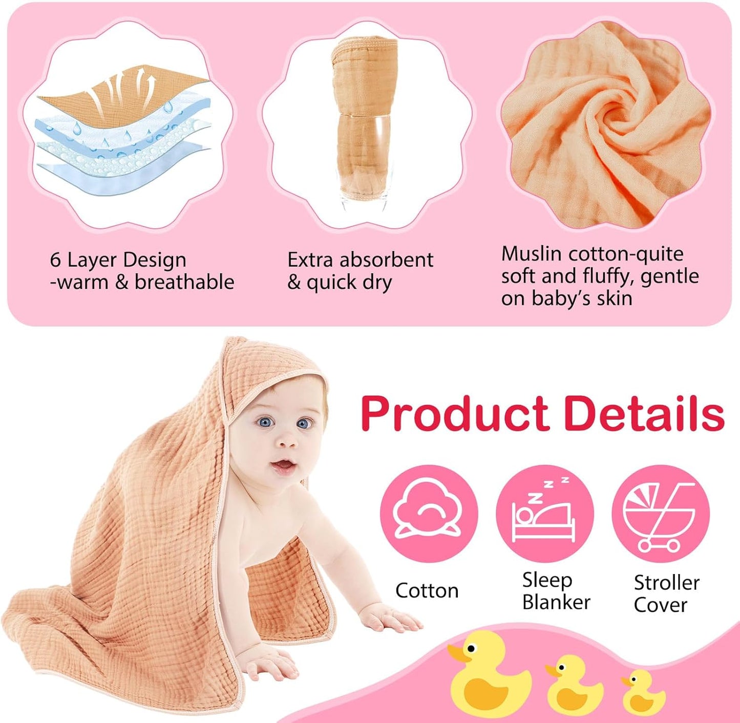 Peryiter 6 Pcs Muslin Hooded Baby Towels, 32"x 32" Cotton Newborn Bath Towel Muslin Infant Baby Blankets Absorbent Unisex Newborn Registry Gift Essentials for Girls Boys (Purple)