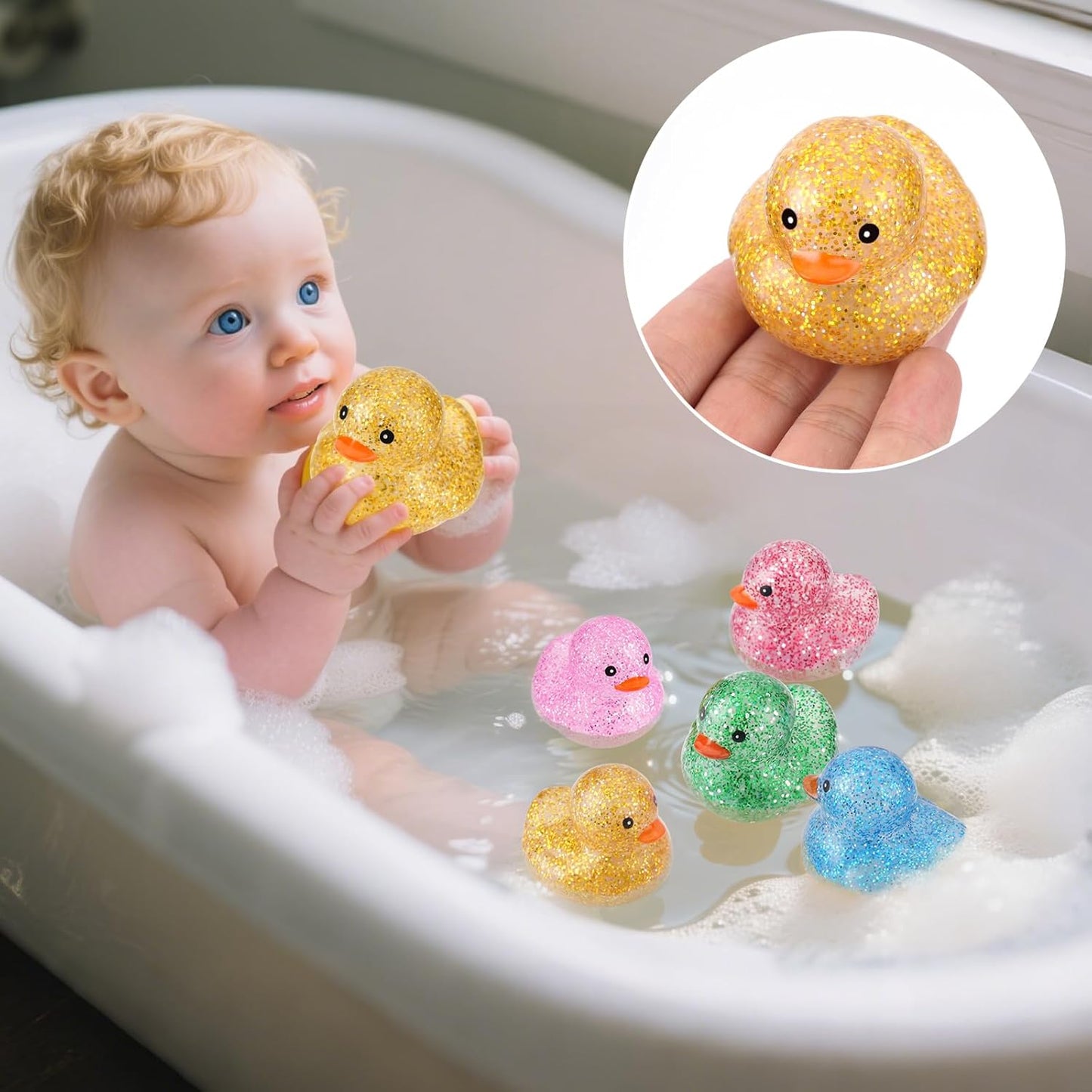25Pcs Mini Glitter Rubber Ducks Bath Toys, Bathtub Floating Squeaky Duck Bulk Baby Preschool Bath Toy for Baby Shower Infants Kids Toddler Birthday Party Decoration Gift (Large)