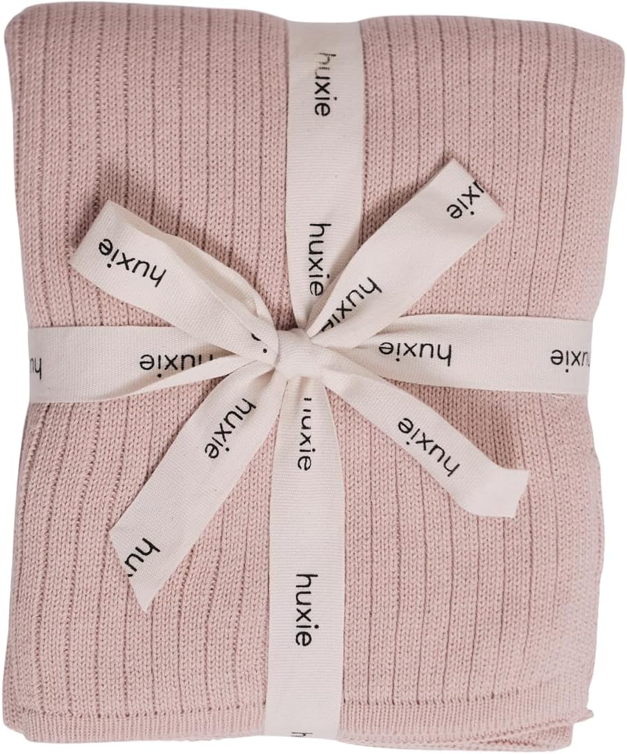 Knitted Organic Cotton Baby Blanket- Swaddle Blanket, 30" x 40" Soft Receiving Blanket for Newborn (Ribbed-Blush)