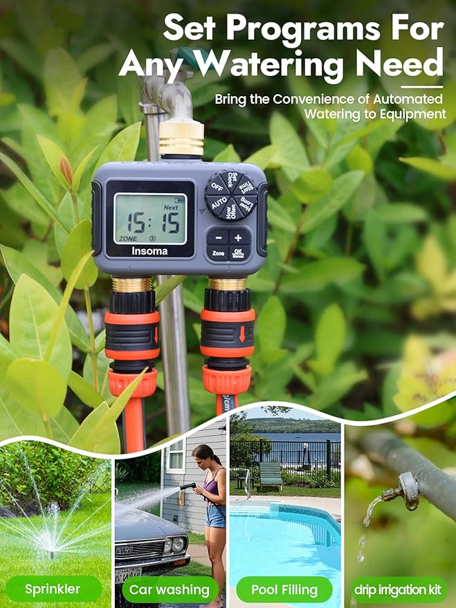 Insoma 2 Outlets Sprinkler Timer with Brass Inlet & Outlet, Water Timer for Garden Hose with Auto/Manual Modes + Rain Delay, Hose Timers for Garden, Yard Lawn, IPX5 Waterproof & Save Water
