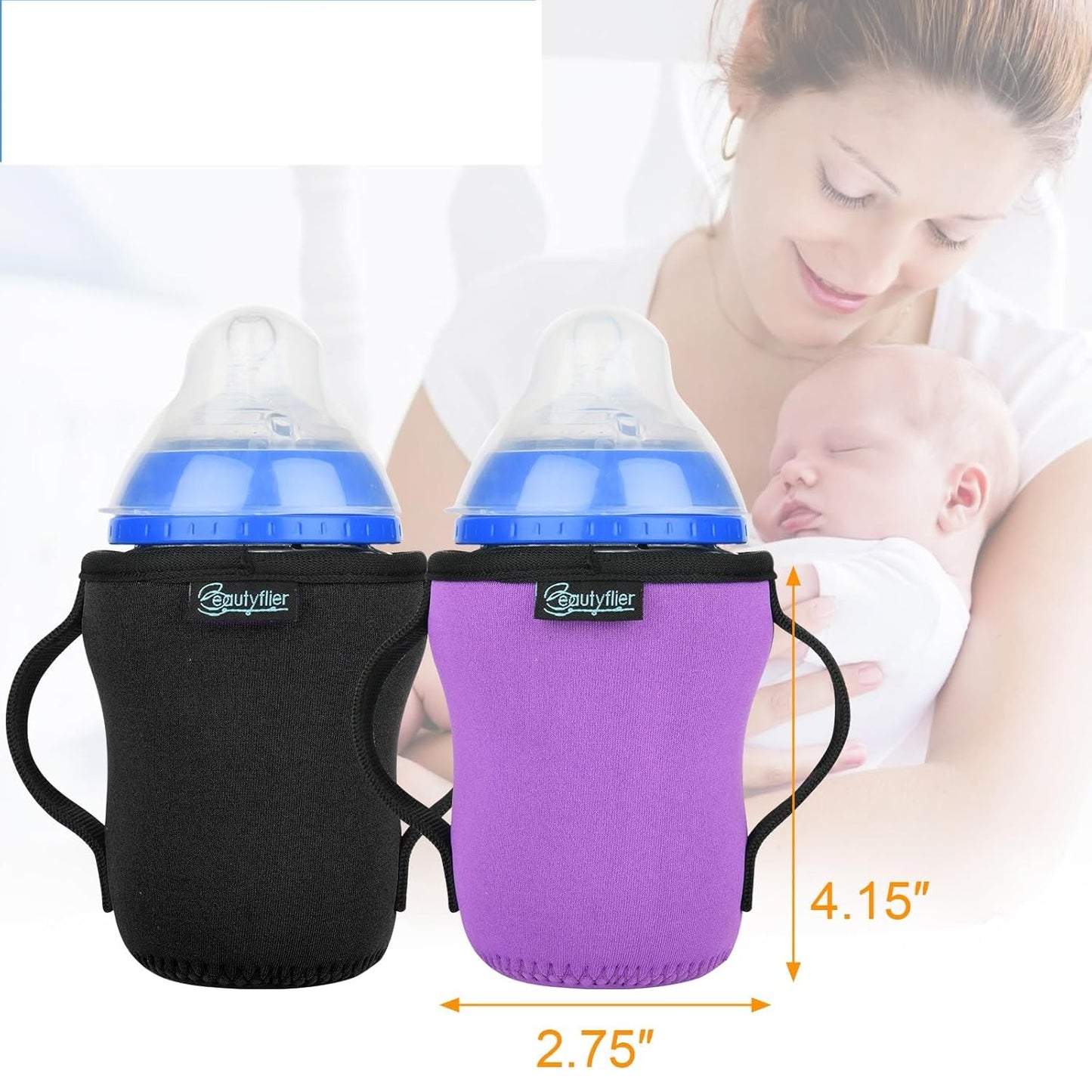 Beautyflier Glass Baby Bottle Sleeve Covers for 9oz Nature Baby Bottles with Dual Handle, 3.8mm Thicken Heat and Cold Retention Baby Bottle Sleeve (Black+Purple)