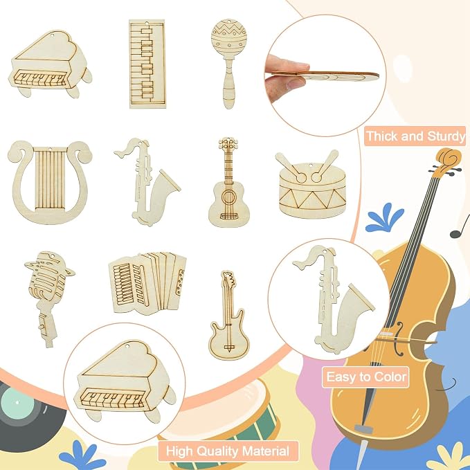 30 pcs Mixed Styles Musical Instrument Theme Unfinished Wooden Cutout Charms