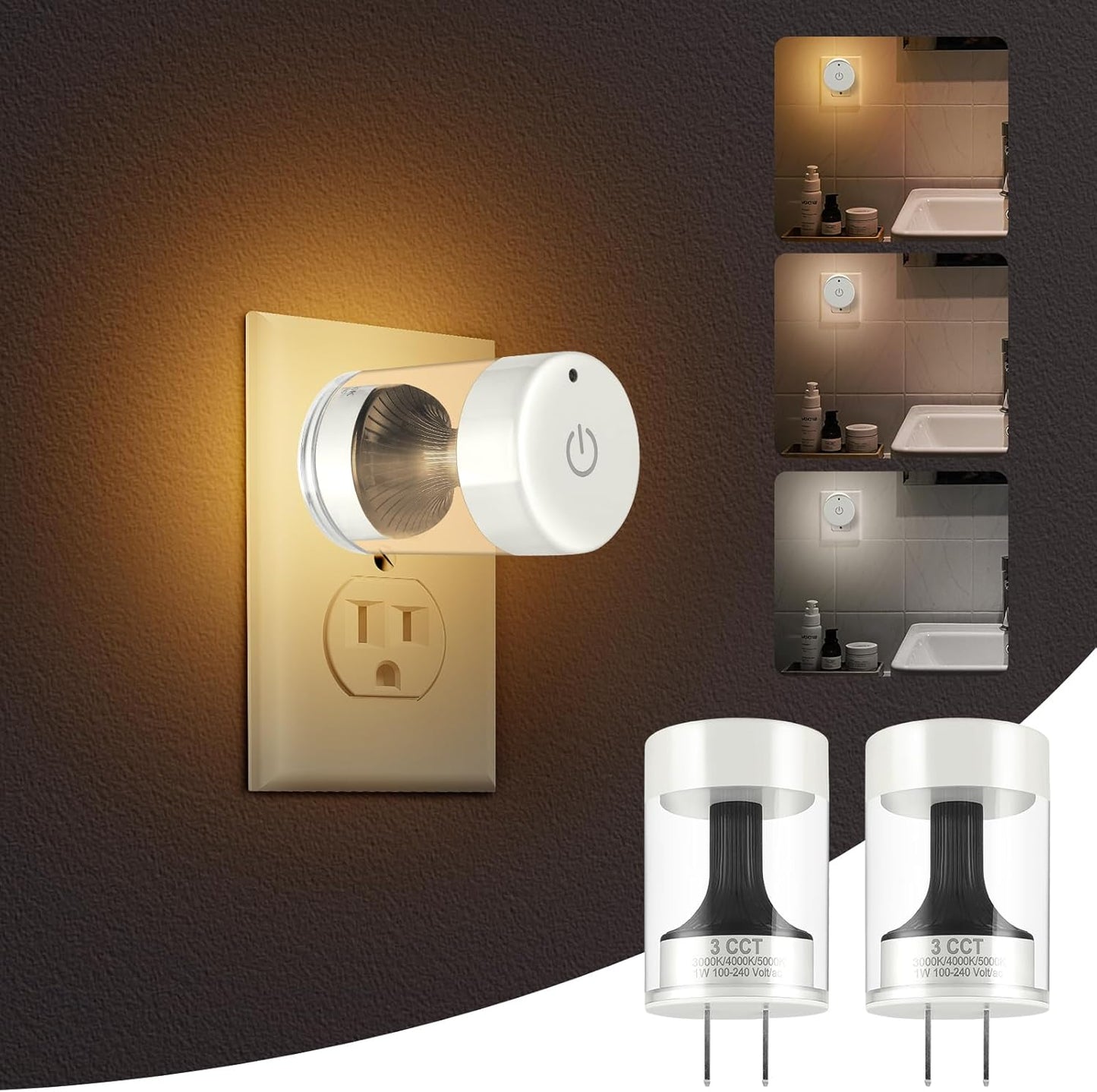 LED Night Lights,Dimmable Night Lights Plug into Wall with Dusk to Dawn Sensor,Touch Control 3-Color Temperature (3000K/4000K/5000K),Adjustable Brightness 100%-10%, for Bathroom,Nursery,Hallway,2 Pack