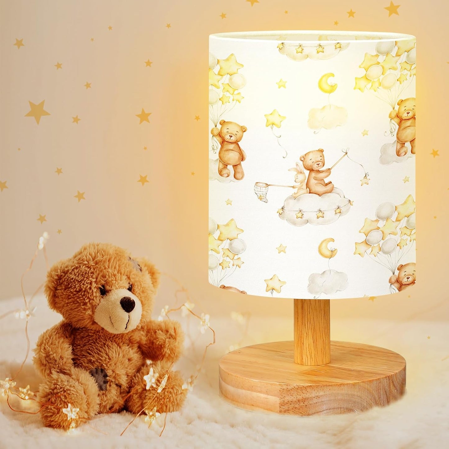 VIHOSE Bear Kids Table Lamp for Bedroom Kids Bedside Lamp with Linen Wooden Nightstand Cartoon Nursery Lampshade for Girls Boys Living Room