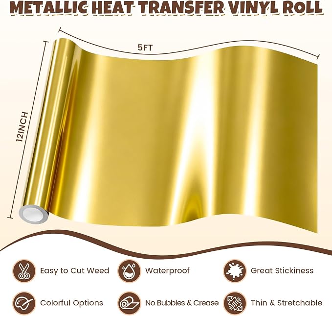 Metallic Heat Transfer Vinyl Roll 12" x 5ft Chrome Gold Iron on Vinly, Soft