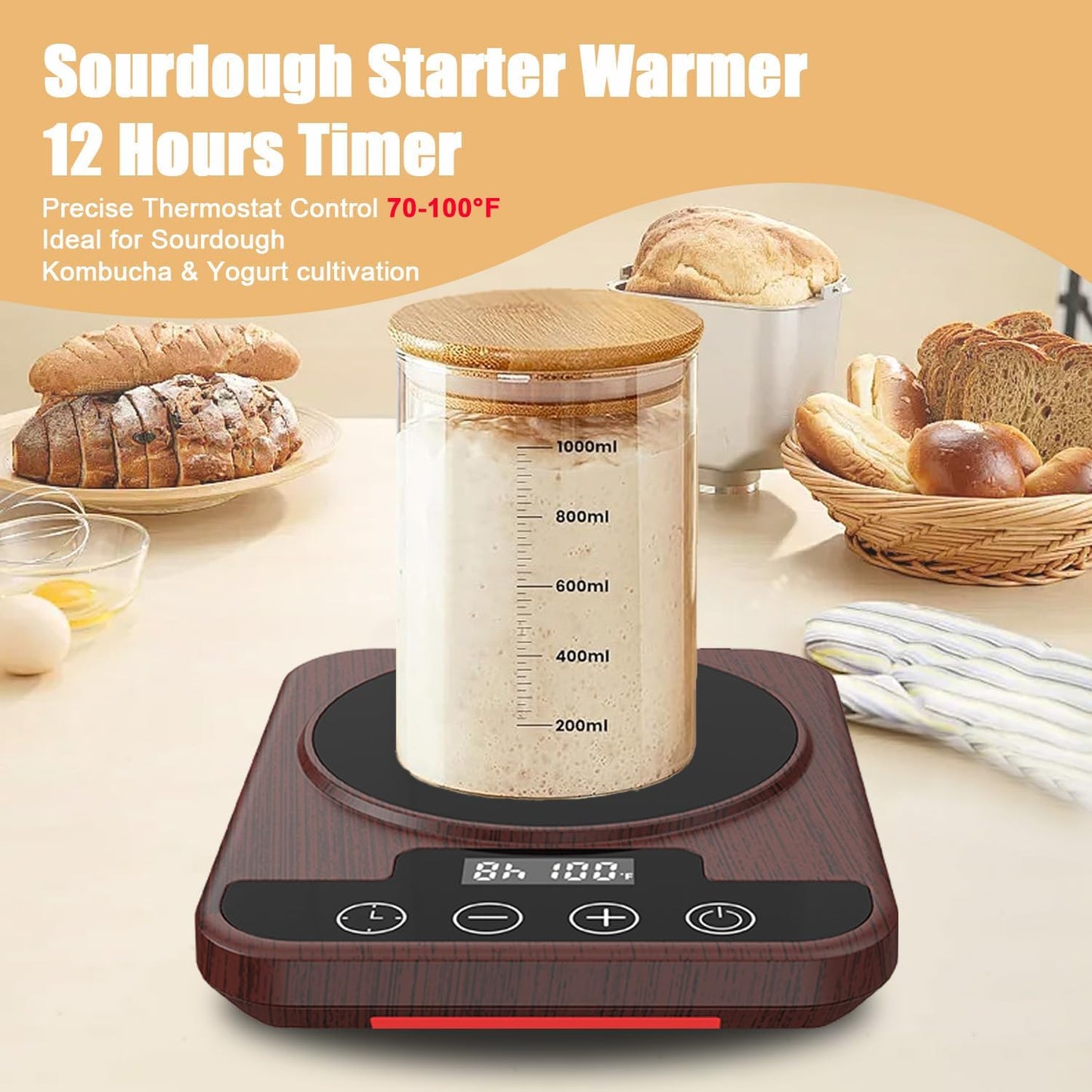 Sourdough Starter Warmer Mat, 12H Timer Warming Heating Pad, Precise 1°F Thermostat Control (70-100°F), Smart Memory Warming On/Off, Fits Jars Up to 40oz, Perfect for Home Baking (Wood)