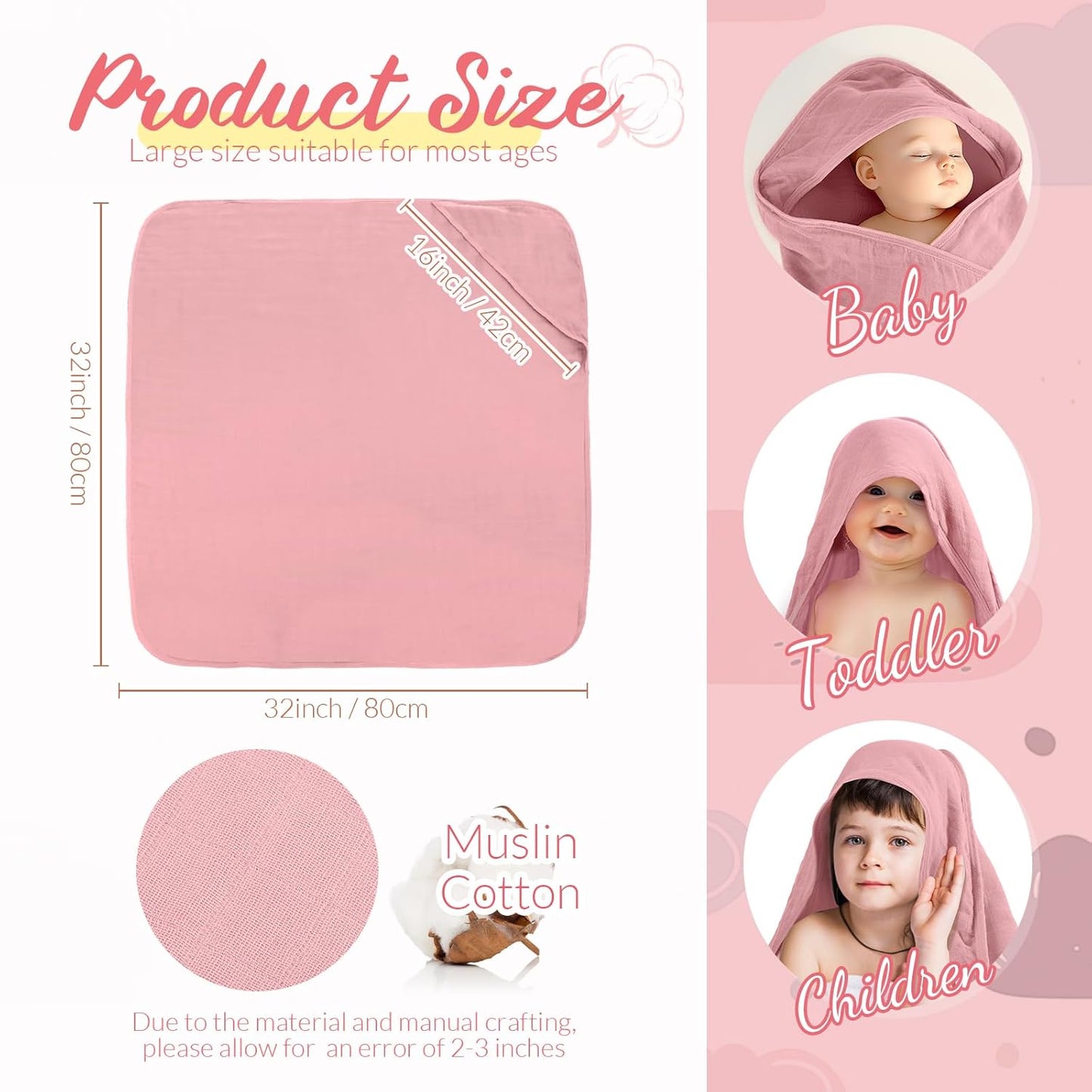 Preboun 6 Pcs Muslin Hooded Baby Towels and Washcloths 32"x 32" Cotton Newborn Bath Towel Anti-Shrink Infant Baby Blankets with Hood 12"x 12" Washcloths for Girl Boy Toddler(Pink,Dark Pink)