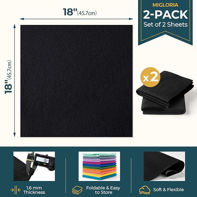 Felt Fabric Sheet 18 x 18 Inch, 1.6mm Thick | Soft and Flexible Nonwoven