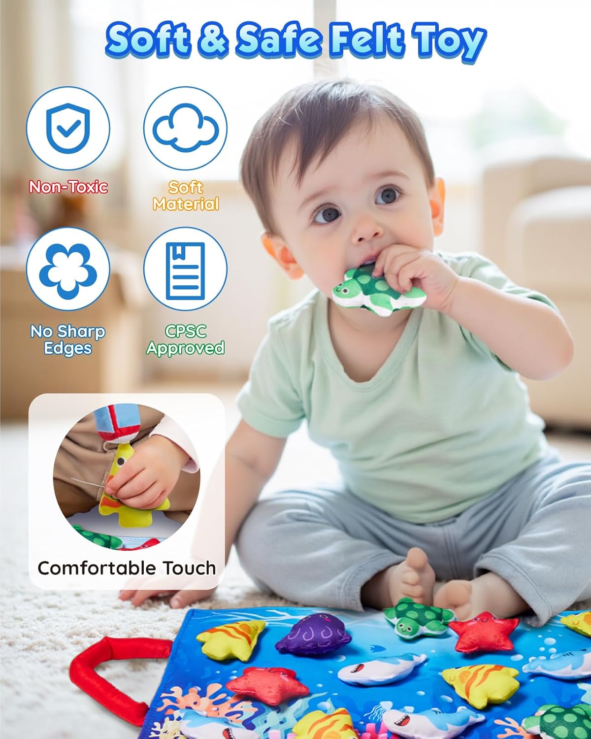 Montessori Toys for 1 Year Old: 10 In 1 Cloth Fishing Game Set with 5 Diverse Fish, 23pcs Stacking Toy Educational Learning Toy for 1 2 3 Years Old Toddler Toys Baby Boys Girls Birthday Gifts