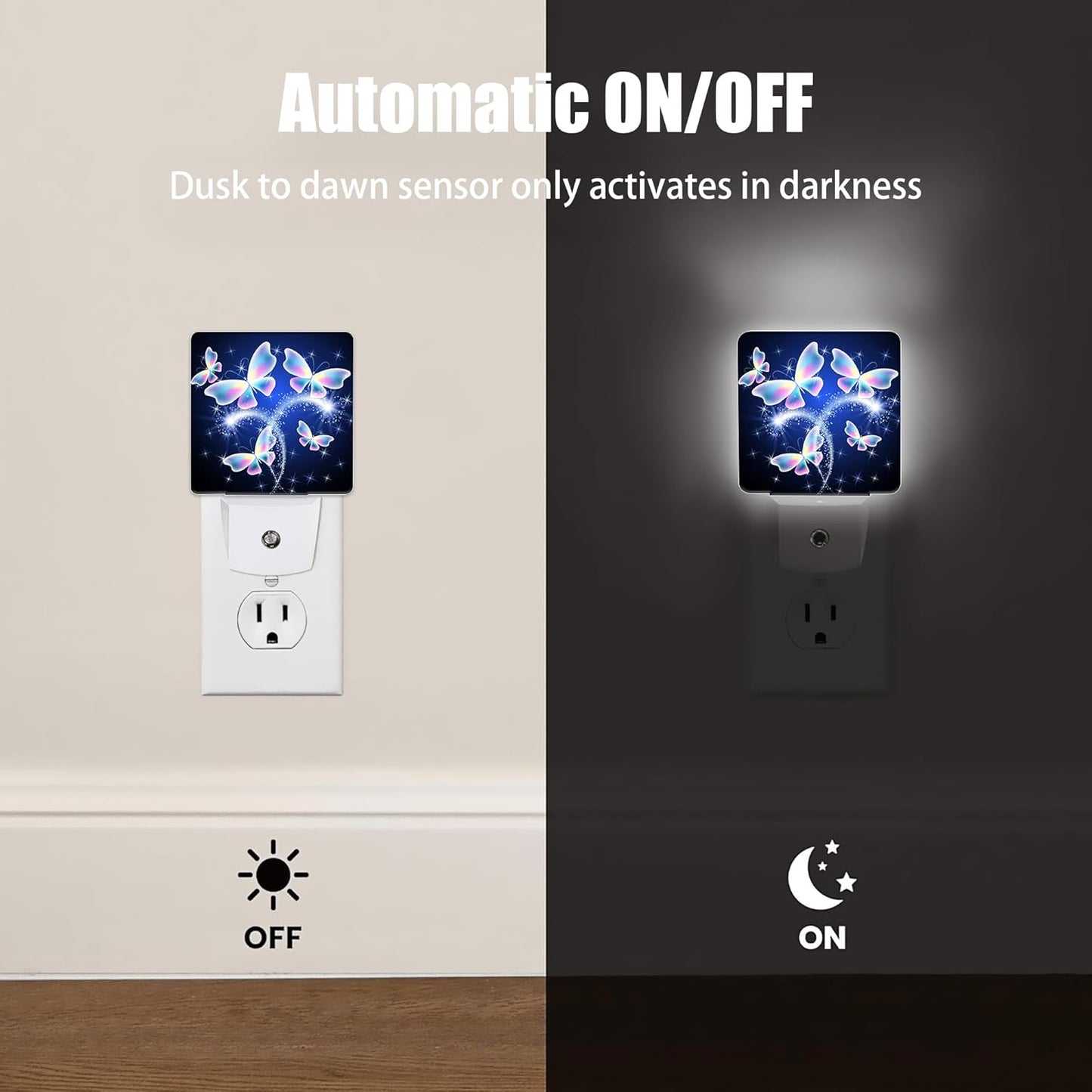 Transparent Butterfly Night Light, Glowing Firework Night Lights Plug into Wall Decor for Bedroom, Bathroom, Hallway, Kitchen, Dusk to Dawn Sensor Nightlights for Boys Girls Women Men Room Gifts