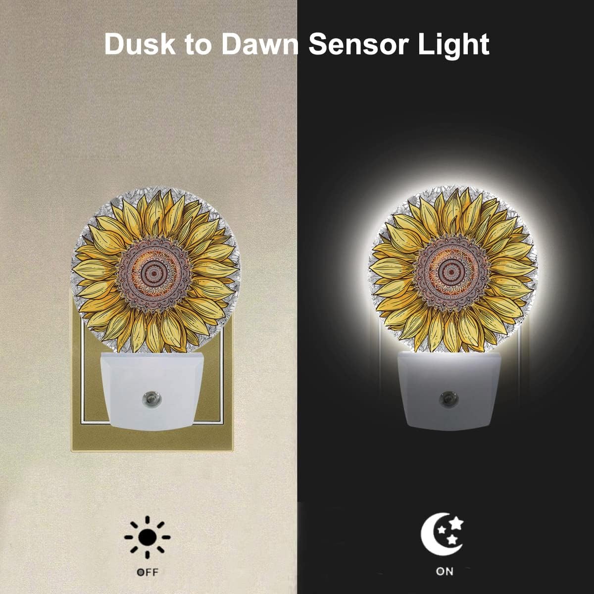 EKOBLA Sunflower Night Lights Plug into Wall Boho Yellow Flower Plug-in Nightlights, Gifts for Women Mom Grandma, Dusk to Dawn Sensor LED Round Nightlight Home Decor