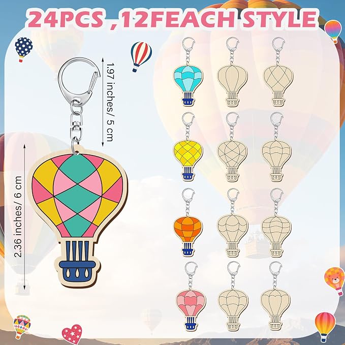 RattanView 24 Pcs Hot Air Balloon Craft Color Your Own Keychains DIY Craft