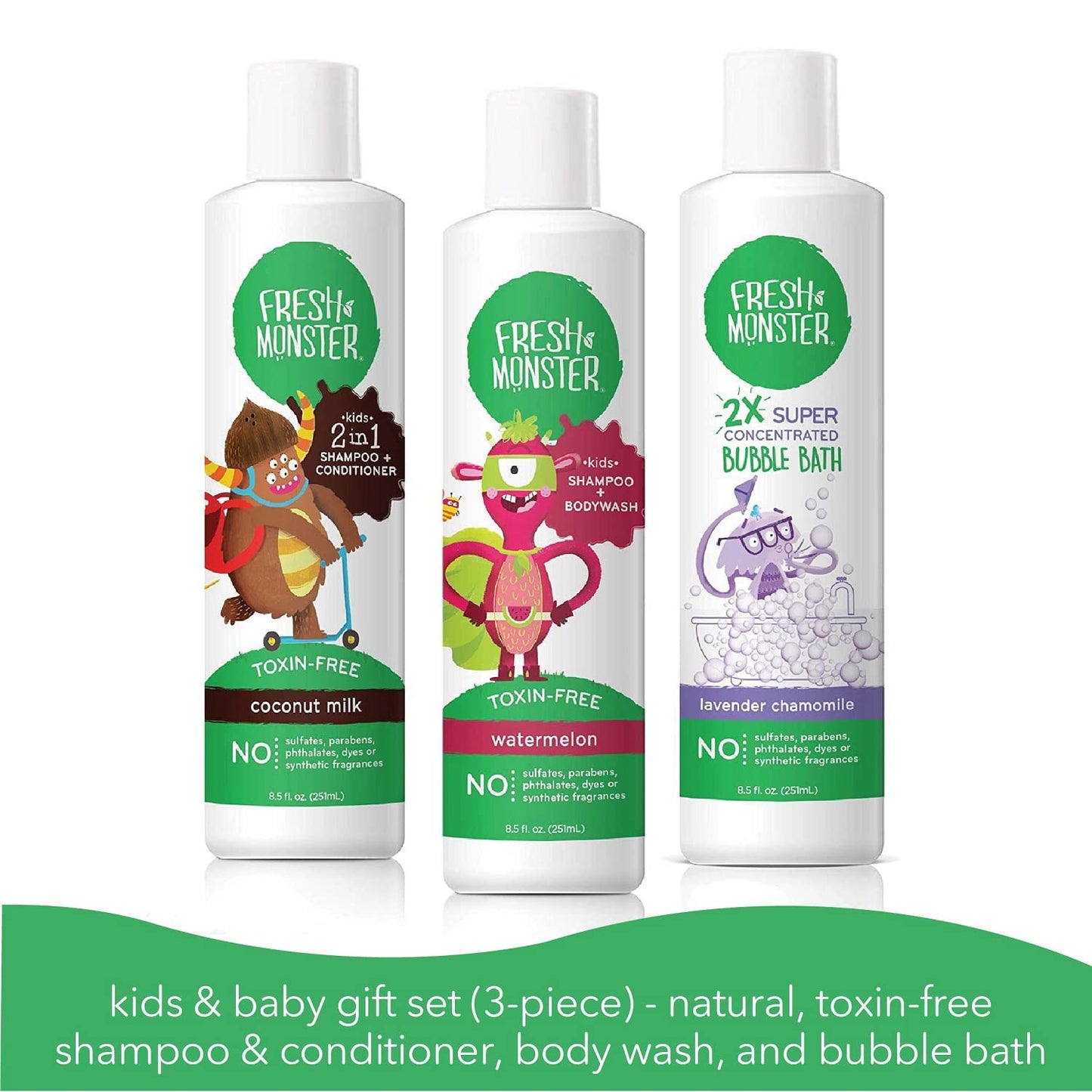 Fresh Monster Kids and Baby Bath Gift Set: Coloring Box, Natural Shampoo & Conditioner, Body Wash, and Bubble Bath (8.5 oz Each)
