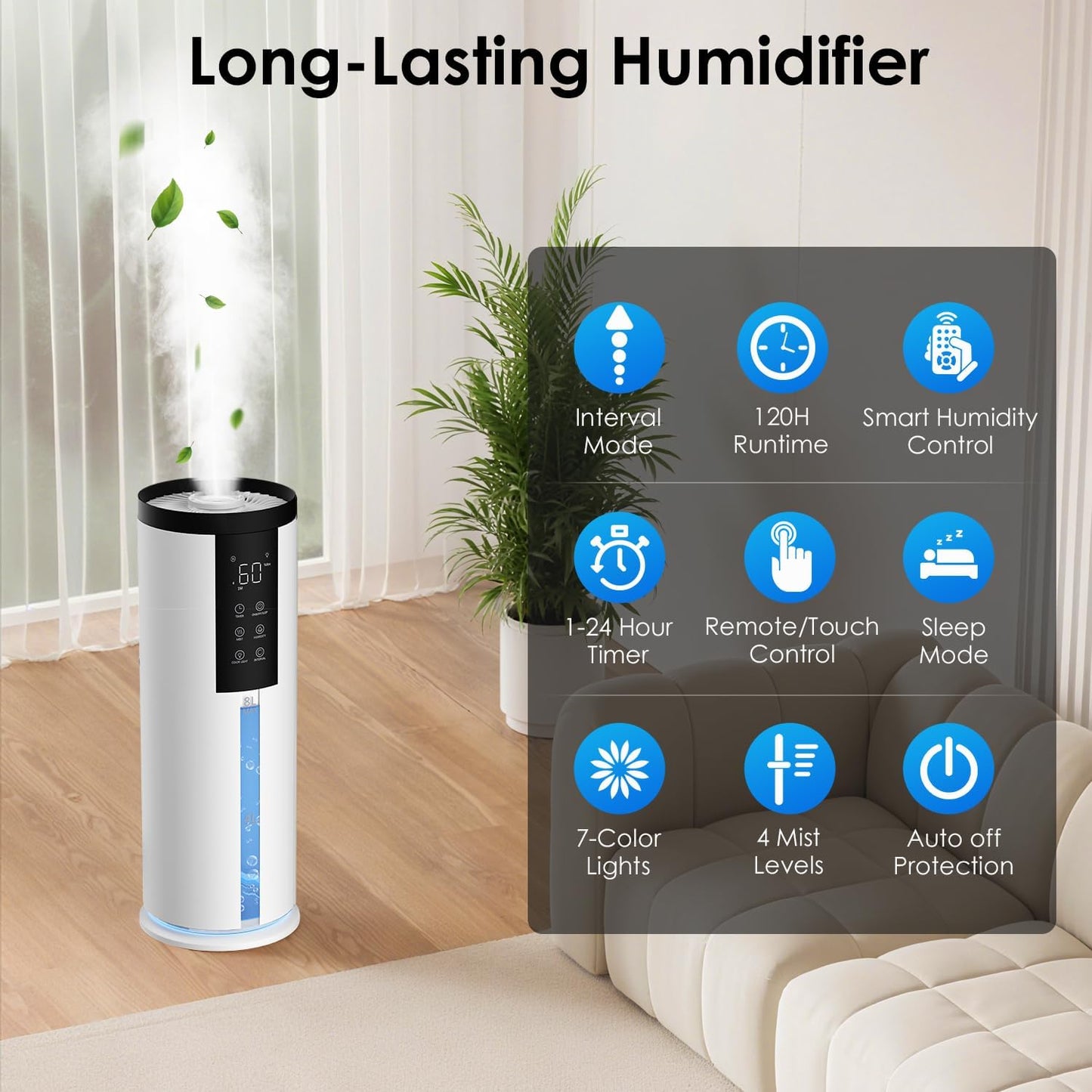 Humidifiers for Large Room 550 ft² - GloryAir 8L Cool Mist Humidifier for Bedroom Home Plants Baby, Top Fill, 120H Runtime, 4 Mist Spray Levels, 7-Color Light, 35dB Quiet Humidifier