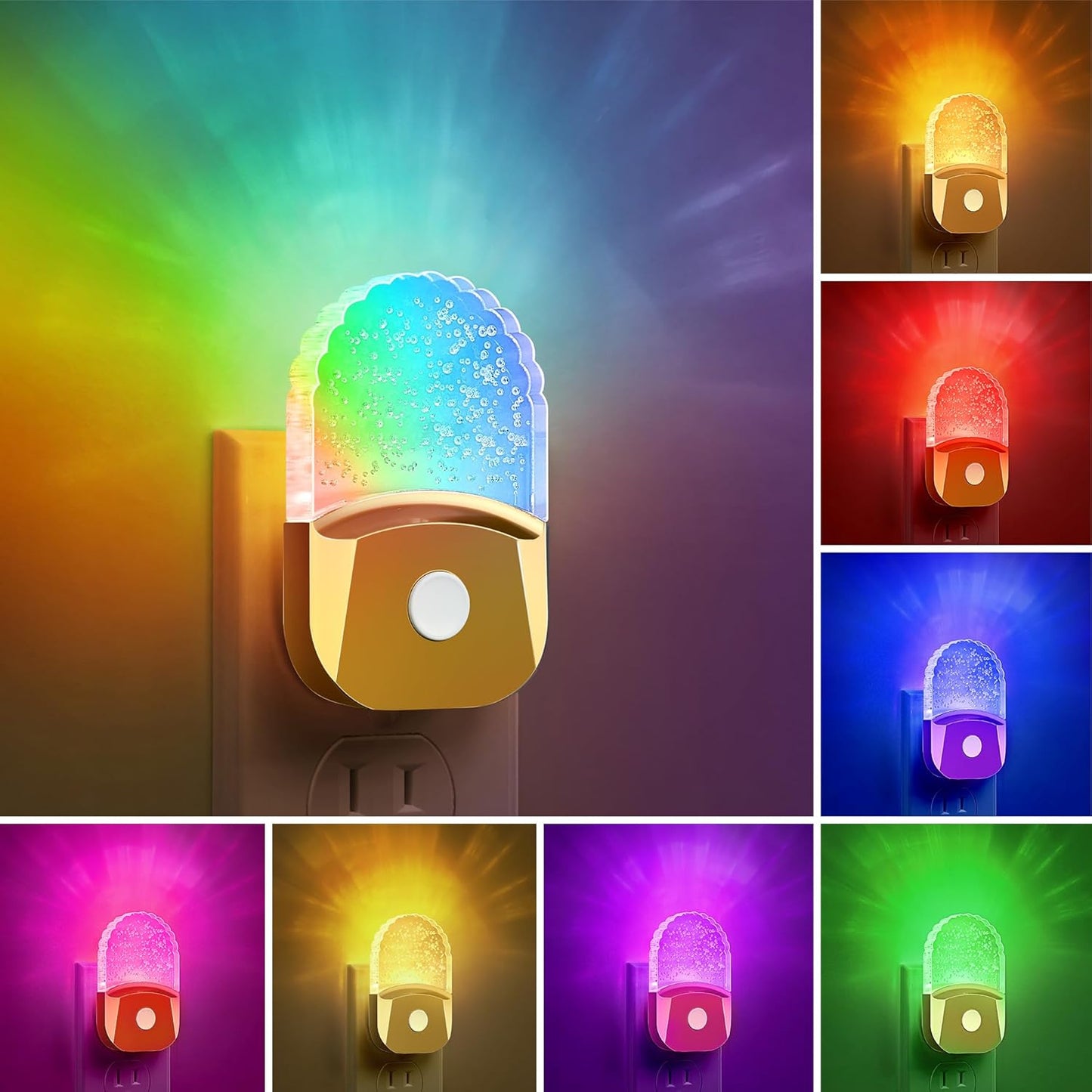 DORESshop 8-Color RGB LED Night Lights Plug Into Wall [2 Pack], Color Changing Night Light with Dusk to Dawn Sensor for Bathroom Decor, Children Room, Golden Cover