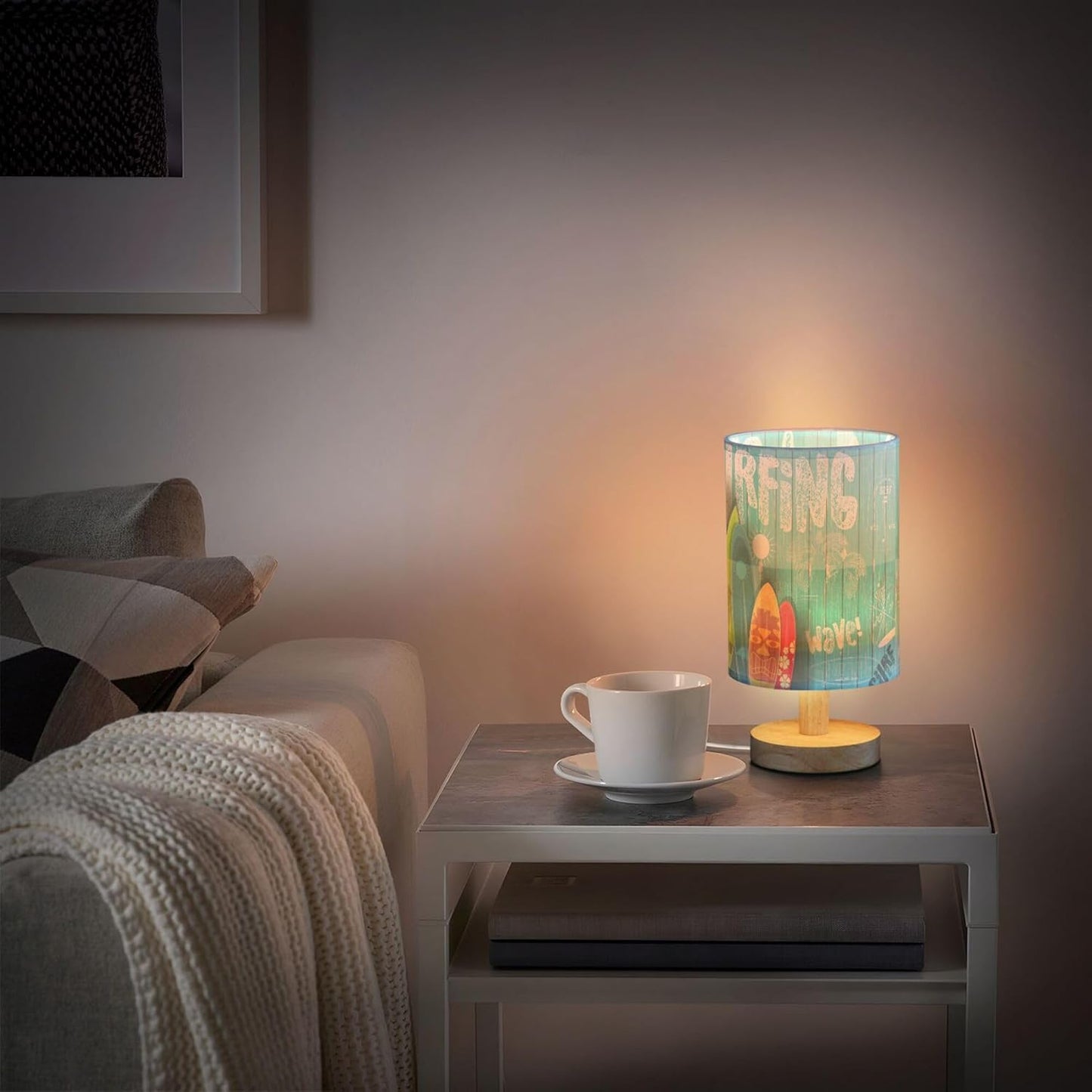 Table Lamp Colorful Surfboard Palm Tree Graphic Blue Wooden Summer Ocean Nightstand Lamp with Wood Base Fabric Lamp Shade Bedside Desk Lamp for Living Room Bedroom Kids Room Office