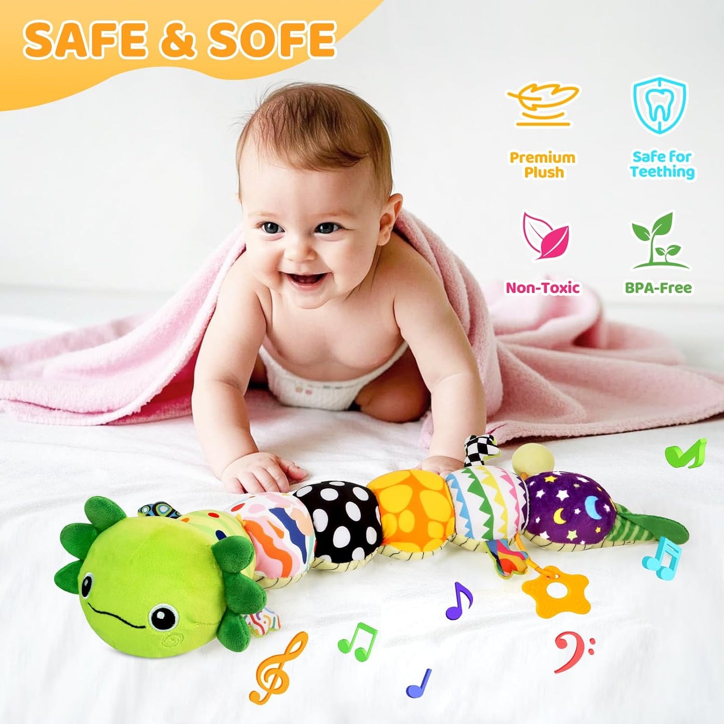 Baby Toys for 0-6 6-12 Months, Plush Axolotl Toy with Crinkle and Rattles for Infant Newborn, Sensory Music Animal Stuffed Toy for 0 1 2 3 4 5 6+ Month, Tummy Time Toys Gifts for 0-3-6-12 Months,Green