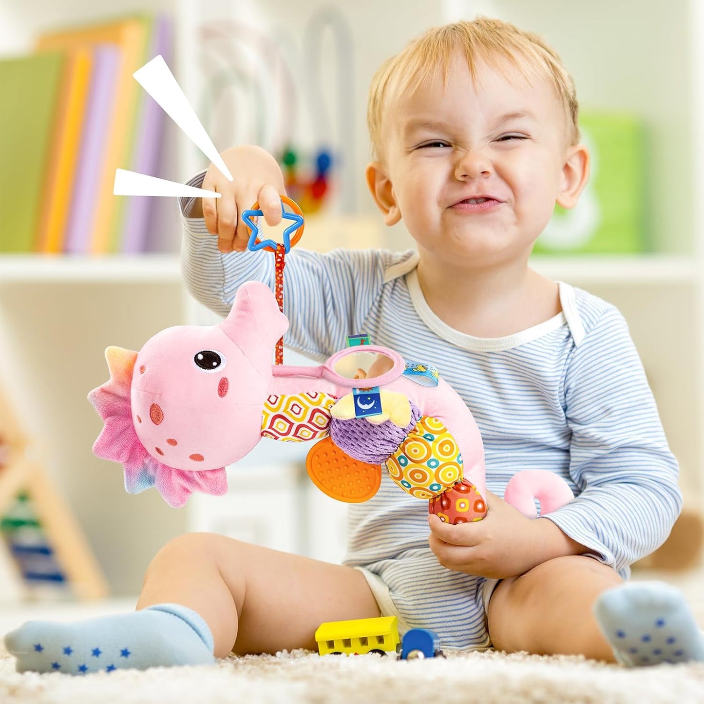 LIGHTDESIRE Baby Toys Musical Seahorse Stuffed Animals Infant Toys 0-6-12 Months with Mirror|Rattles|Crinkle|Baby Teething Toys,Sensory Toys for Tummy Time Newborn Boys Girls Birthday Gifts(Rose Pink)