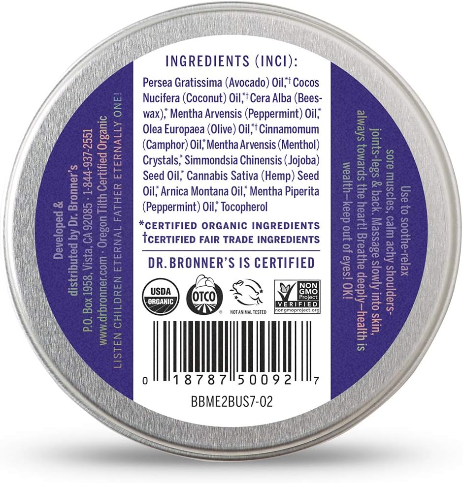 Dr. Bronner's - Organic Magic Balm - Arnica-Menthol, Made w/Organic Beeswax & Hemp Oil, Moisturizes & Soothes Hands, Face, & Body (2 oz, 2-Pack)