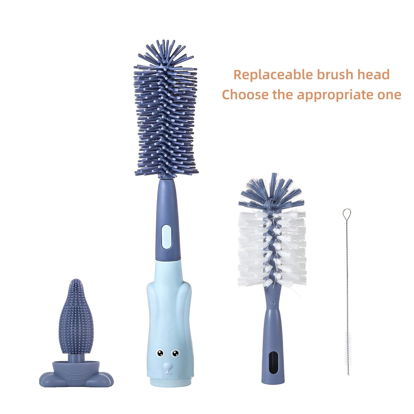 Chemimoso Cup Cleaning Brush, Silicone Baby Bottle Brush with Stand, Large Handle Water Bottle Brush Cleaner Set, with a Tiny Cup Lid Gap Cleaning Brush, Cup Lid Cleaner Brushes Kit, Blue