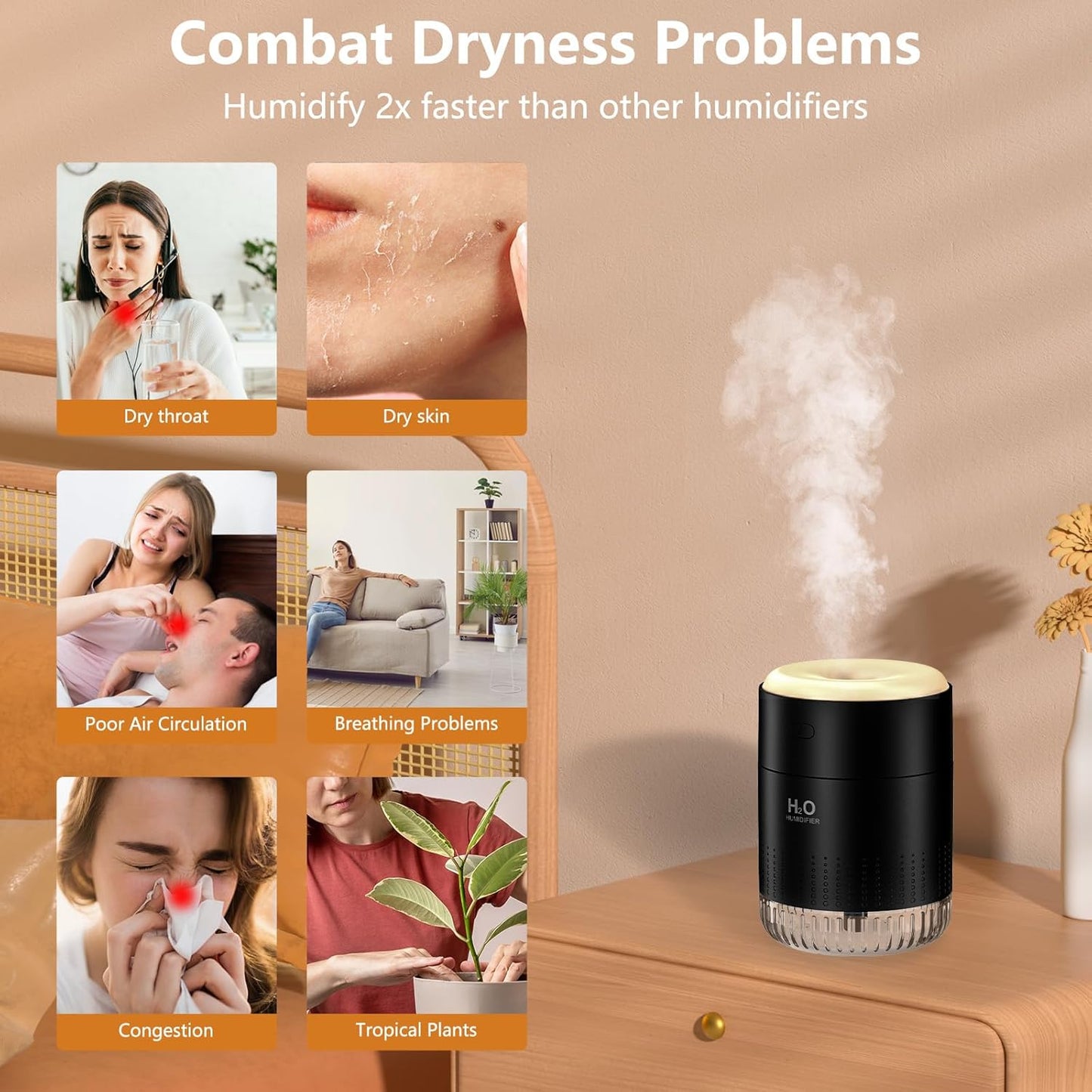 Portable Mini Humidifier, Auto Shut-Off, 2 Mist Modes, Quite, Small Humidifiers for Bedroom Travel Office Desk Plants (Black)