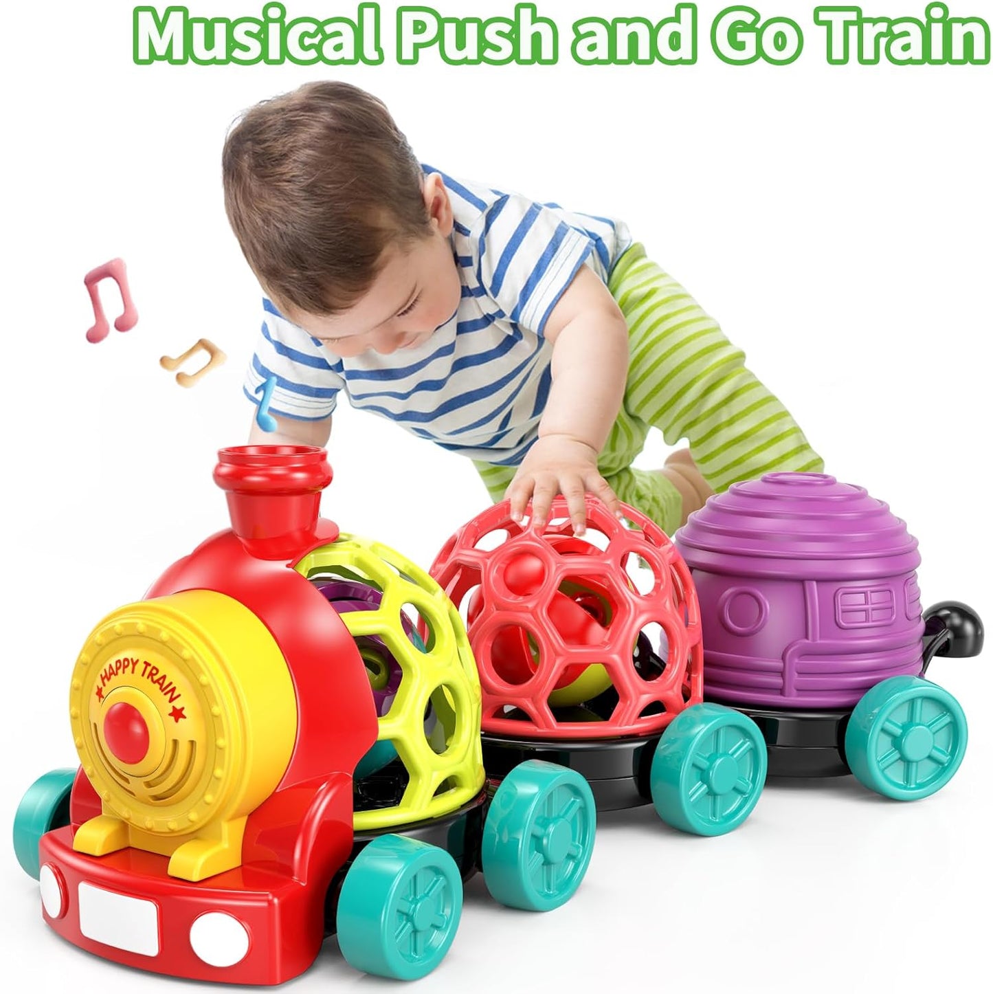 Baby Toy Train, Infant Soft Cars Toy for 6-12 Month Boy Gifts, Musical Train Toy for Toddlers 1-3, Sensory Ball Rattles Push and Go Truck, Development Babies Birthday Gift 6 7 8 9 10 12 Month