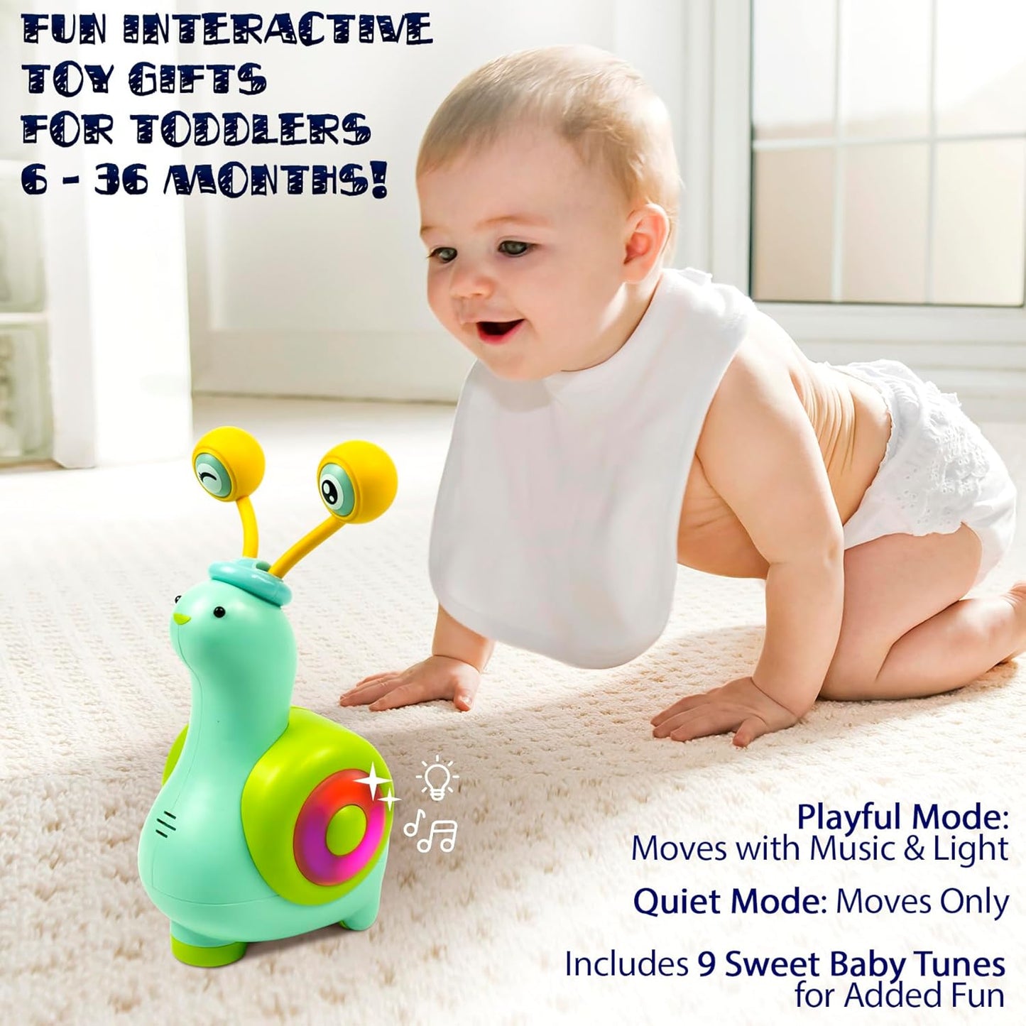 MINIARTIS Baby Crawling Toys | Musical Snail Baby Toy, Infant Tummy Time | Crawling Toys for Babies 6-12 Months | Learning Crawl and Walking | Toddler Birthday Gift for 6-36 Month Boy Girl
