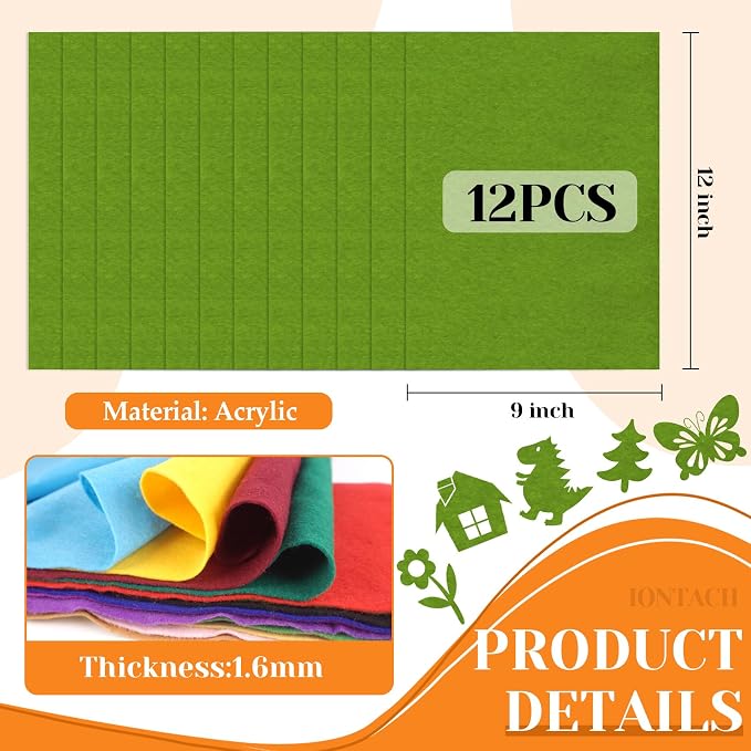 IONTACH 9" X 12" Felt Fabric Sheets 1.6mm Thick | Soft Felt