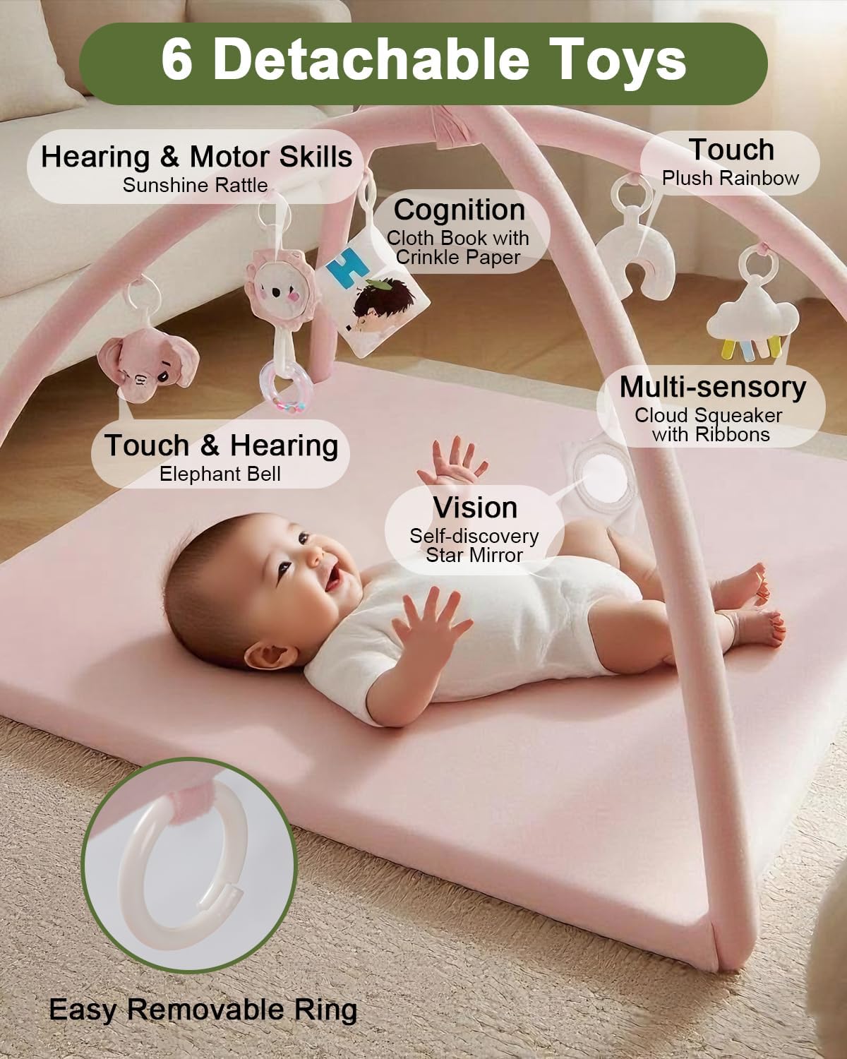 Baby Play Gym with Soft Foam Mat – Removable & Machine Washable Cover, Velvet Tummy Time Mat with 6 Sensory Toys, Non-Slip Activity Mat for Infant Development, Newborn Essentials Gift, Pink