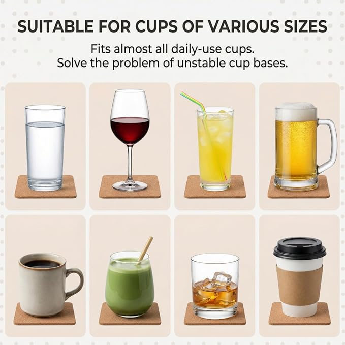 Tebery 30 Pack 4 Inch Square Cork Coasters, 0.2'' Thick Absorbent Drink Pads