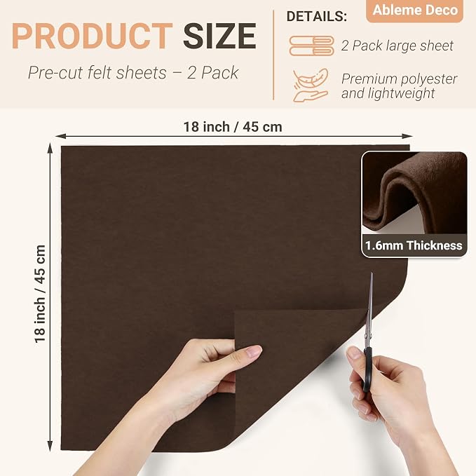 Brown Felt Fabric Sheets 18" x 18" 1.6mm Soft Felt, Dark Brown | Soft Precut