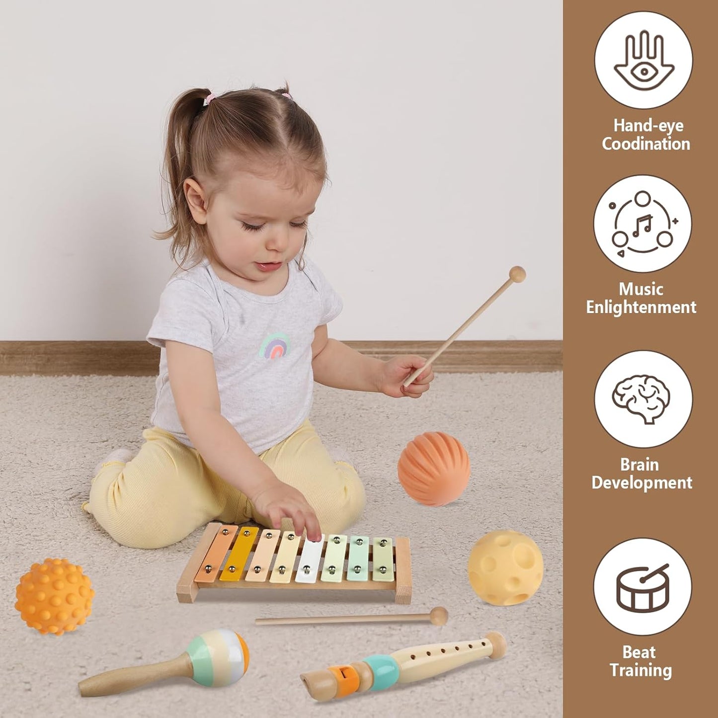 Baby Toys Montessori Toys for Babies, Wooden Musical Instruments Toy Stacking Building Blocks, Infant Teething Toys Sensory Balls, Xylophone, Birthday Gift for Toddlers