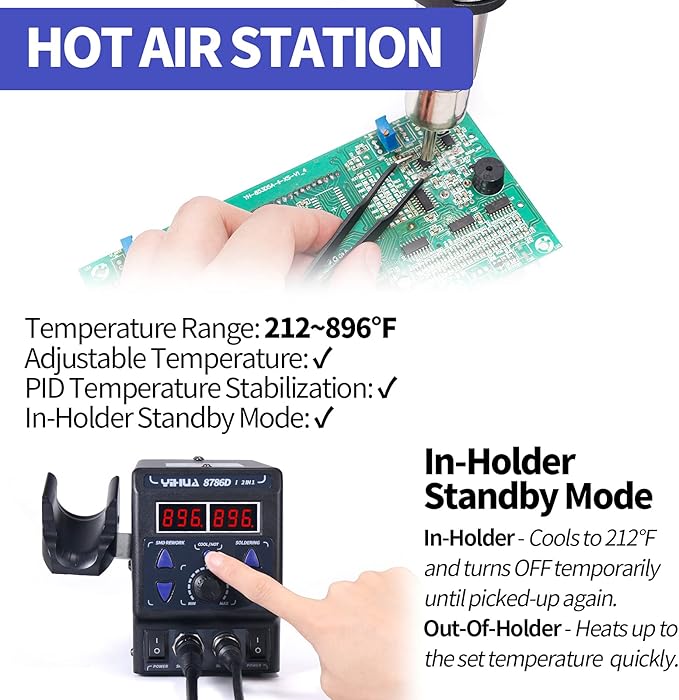 YIHUA 8786D I 2 in 1 Hot Air Rework and Soldering Iron Station with °F /°C, Cool/Hot Air Conversion, Digital Temperature Correction and Sleep Function