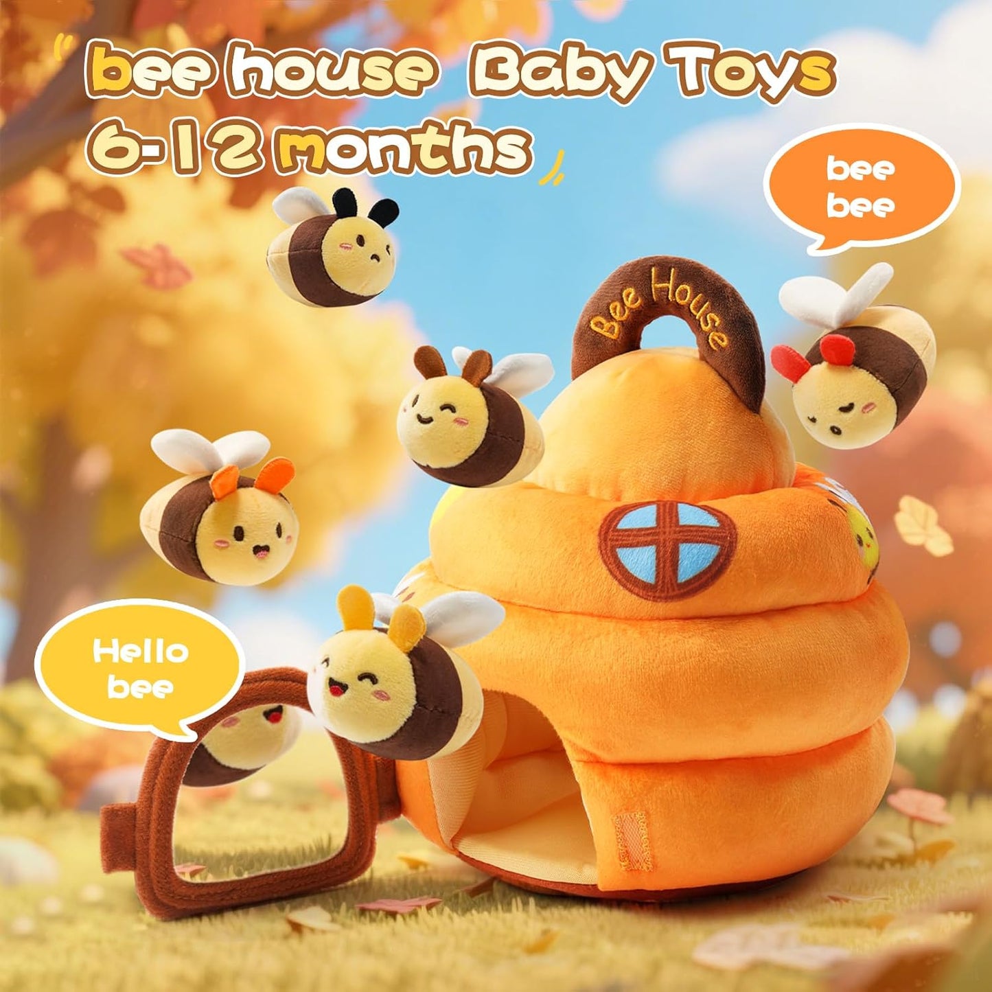 Koty Baby Toys 6-12 Months,Bee House Sensory Learning Toy, Beehive wtih wtih rattles, Squeaker, Mirror,5pcs Yellow Plush Bees, Educational Montessori Toy for Infants 6-12 Months
