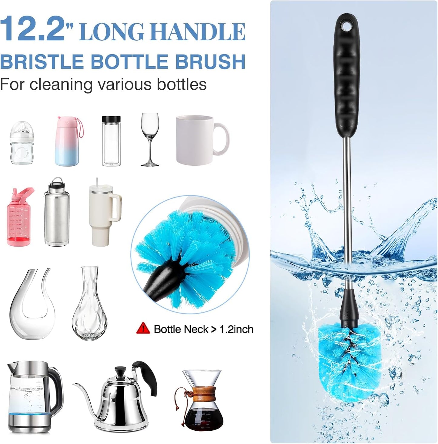 Water Bottle Brush Set, Long Handle 3-in-1 Stainless Steel Water Bottle Scrubbing Brush, Cleaning for Narrow Neck Bottles, Sport Bottles, Baby Bottles, Coffee Mugs, Tumblers, Flask(Short Size)